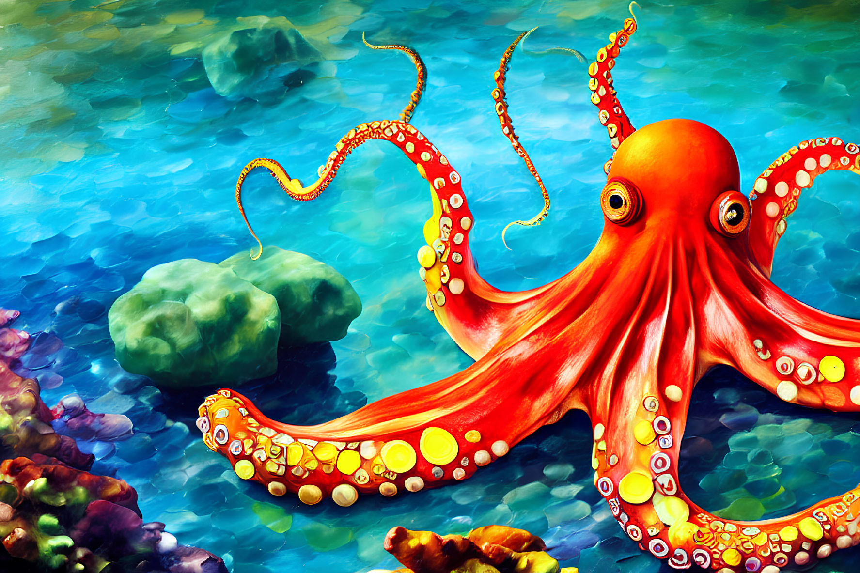 Colorful Underwater Illustration: Red Octopus with Yellow Spots