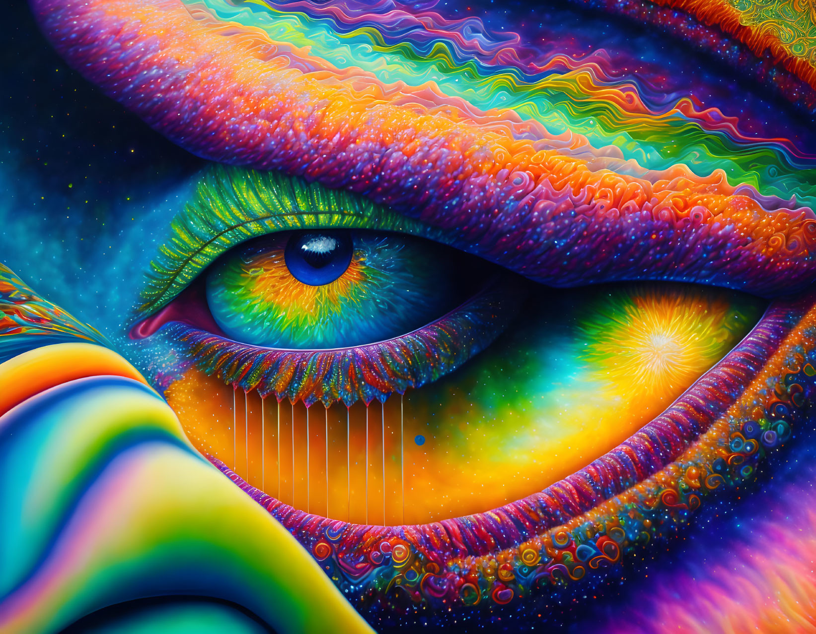 Colorful Psychedelic Eye Artwork with Cosmic and Organic Motifs