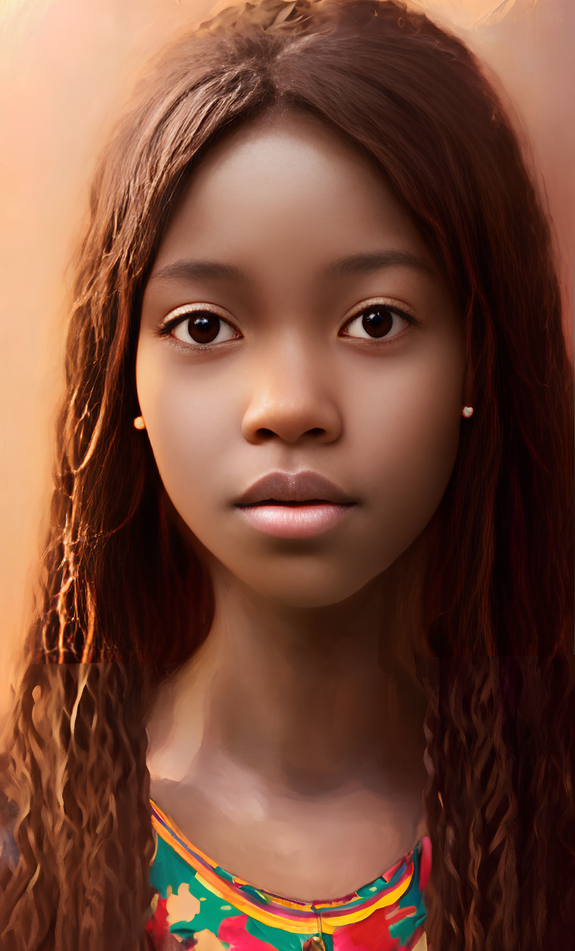 Young girl with long, wavy hair in colorful top and earrings gazes thoughtfully against warm background