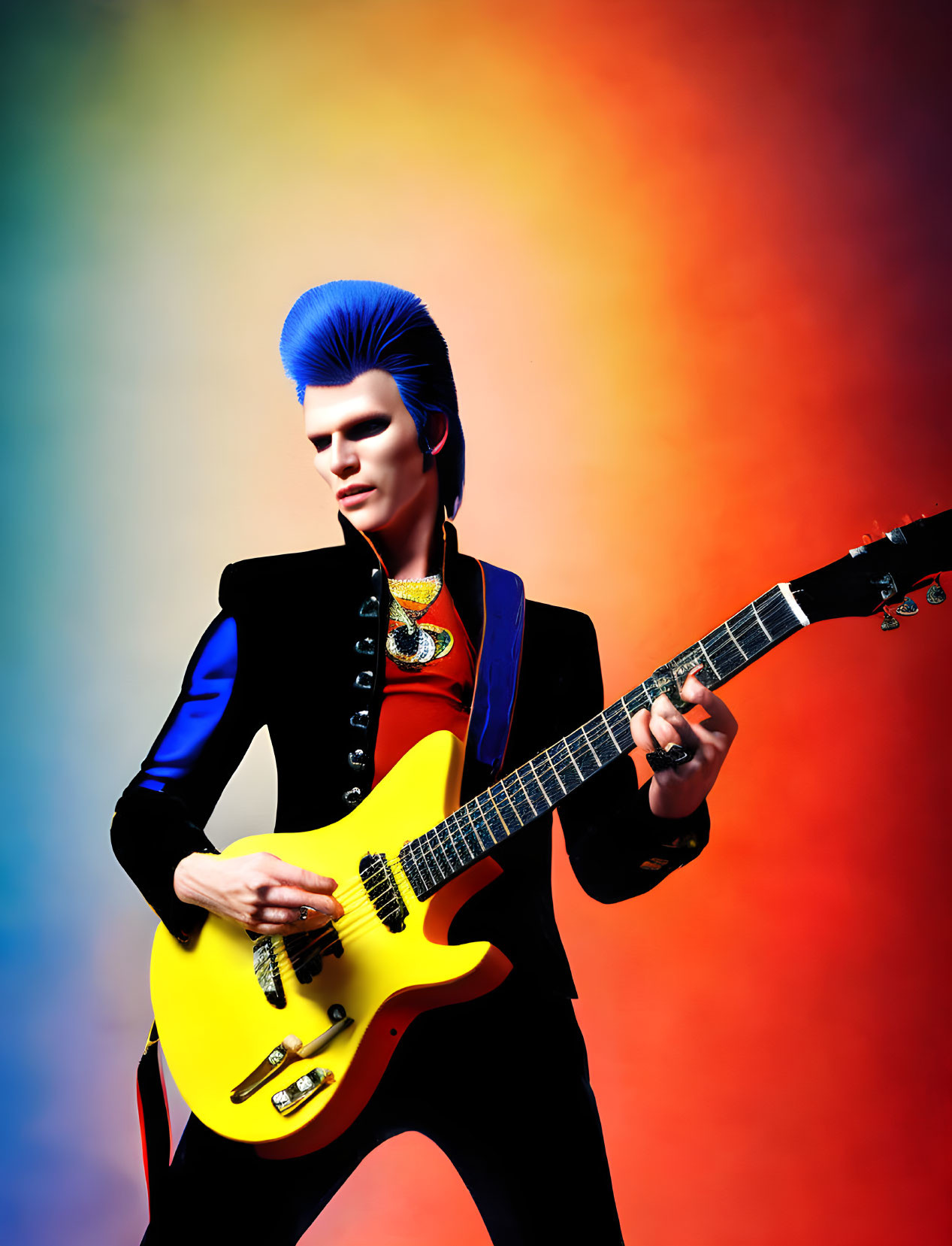 Vibrant blue mohawk person playing electric guitar on colorful gradient background