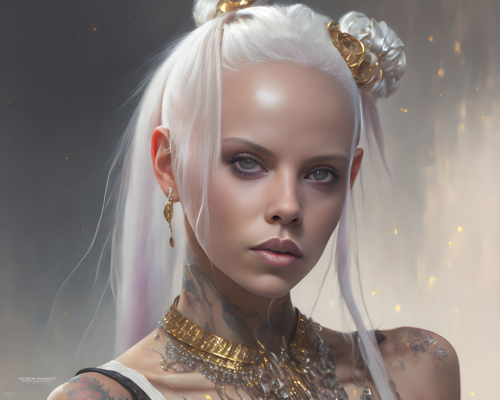 Detailed digital portrait of woman with white hair, golden adornments, tattoos, and intense gaze against glowing