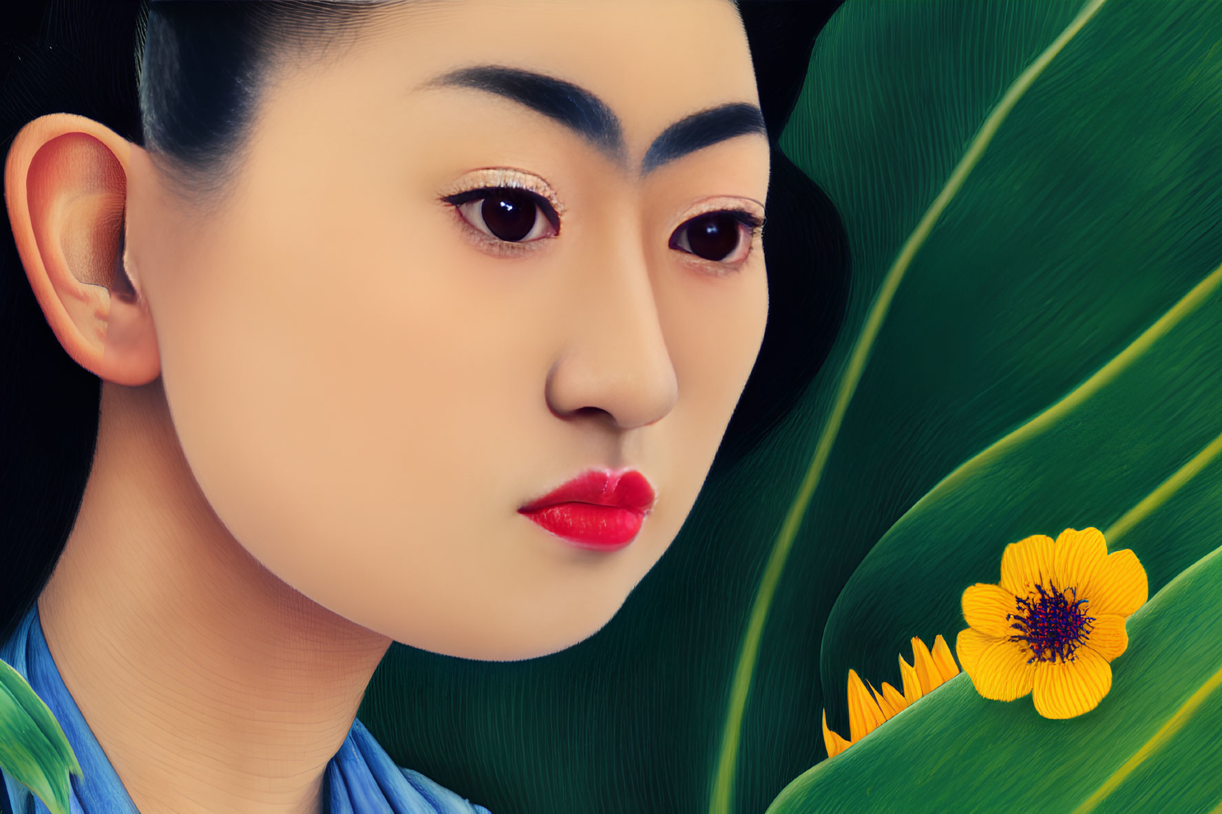 Detailed digital painting of woman with traditional makeup next to green leaf and yellow flower