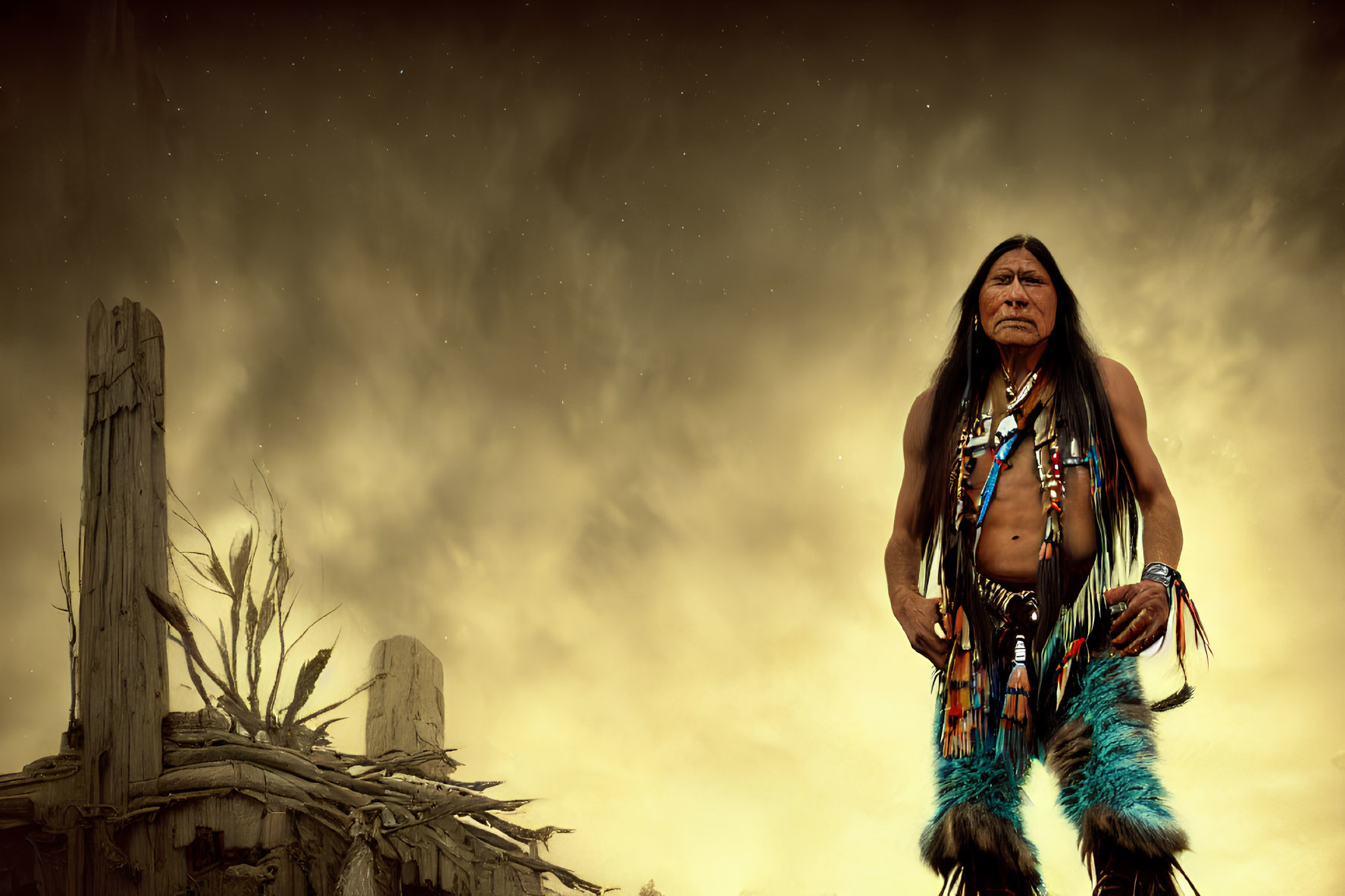 Native American man in traditional attire under starry sky and desert vista