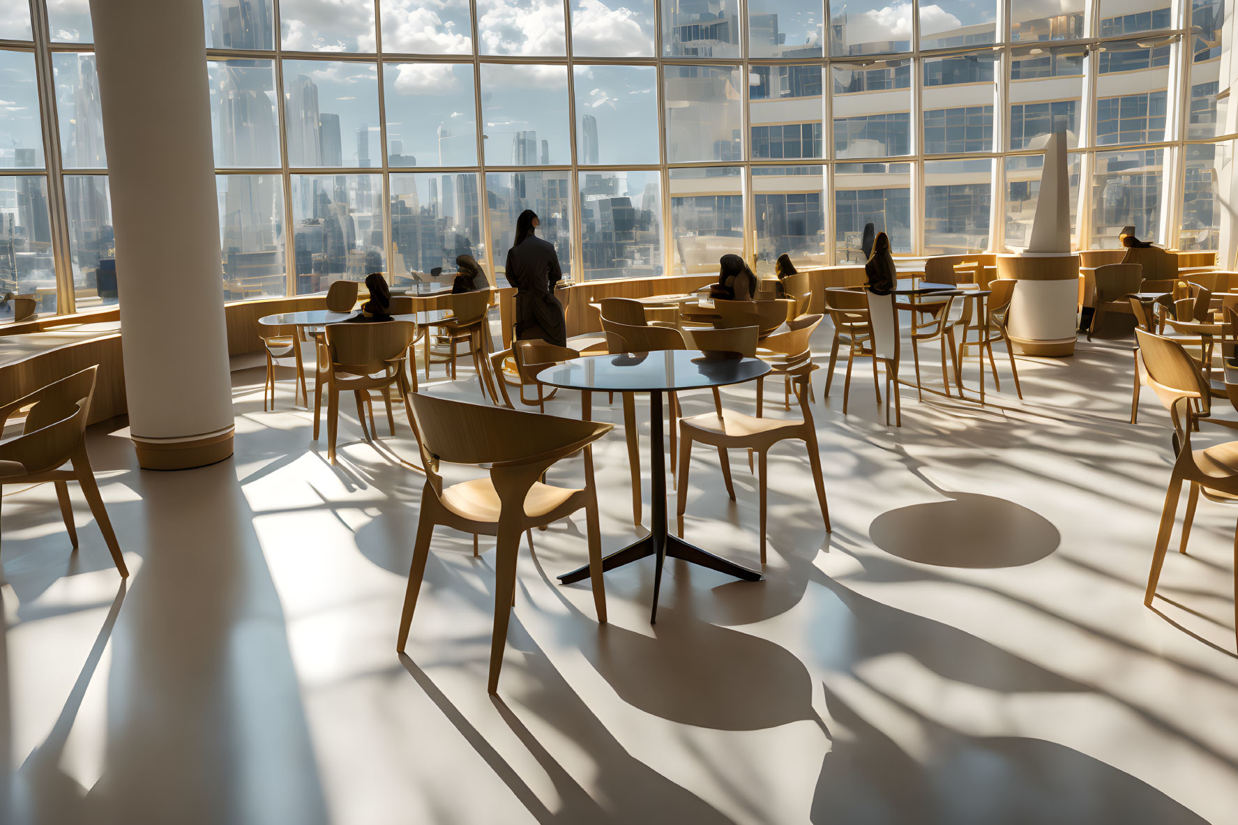 Modern café interior with city view, wooden furniture, and people.