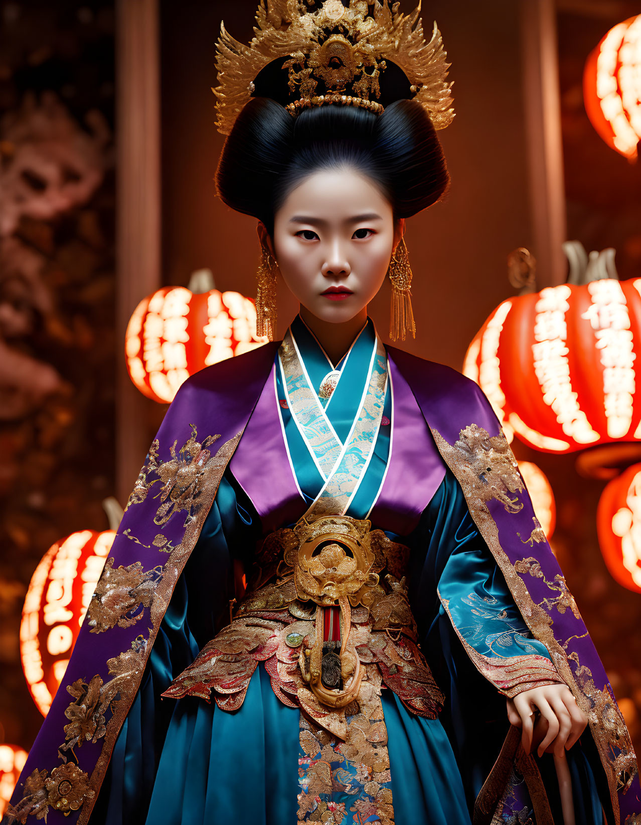 Traditional Asian Woman in Ornate Attire with Elaborate Headdress and Red Lantern Background