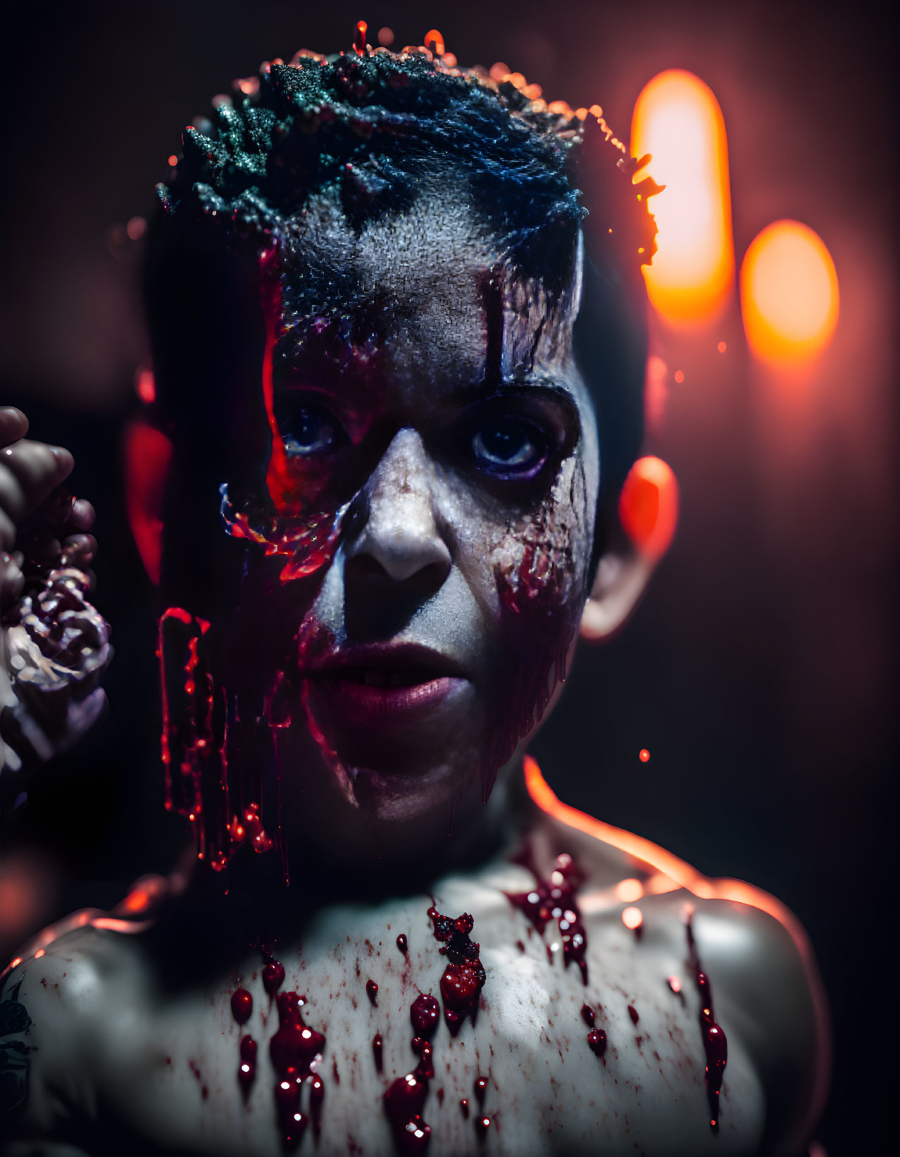 Child with dark makeup and red drips on dark background with blurred red lights