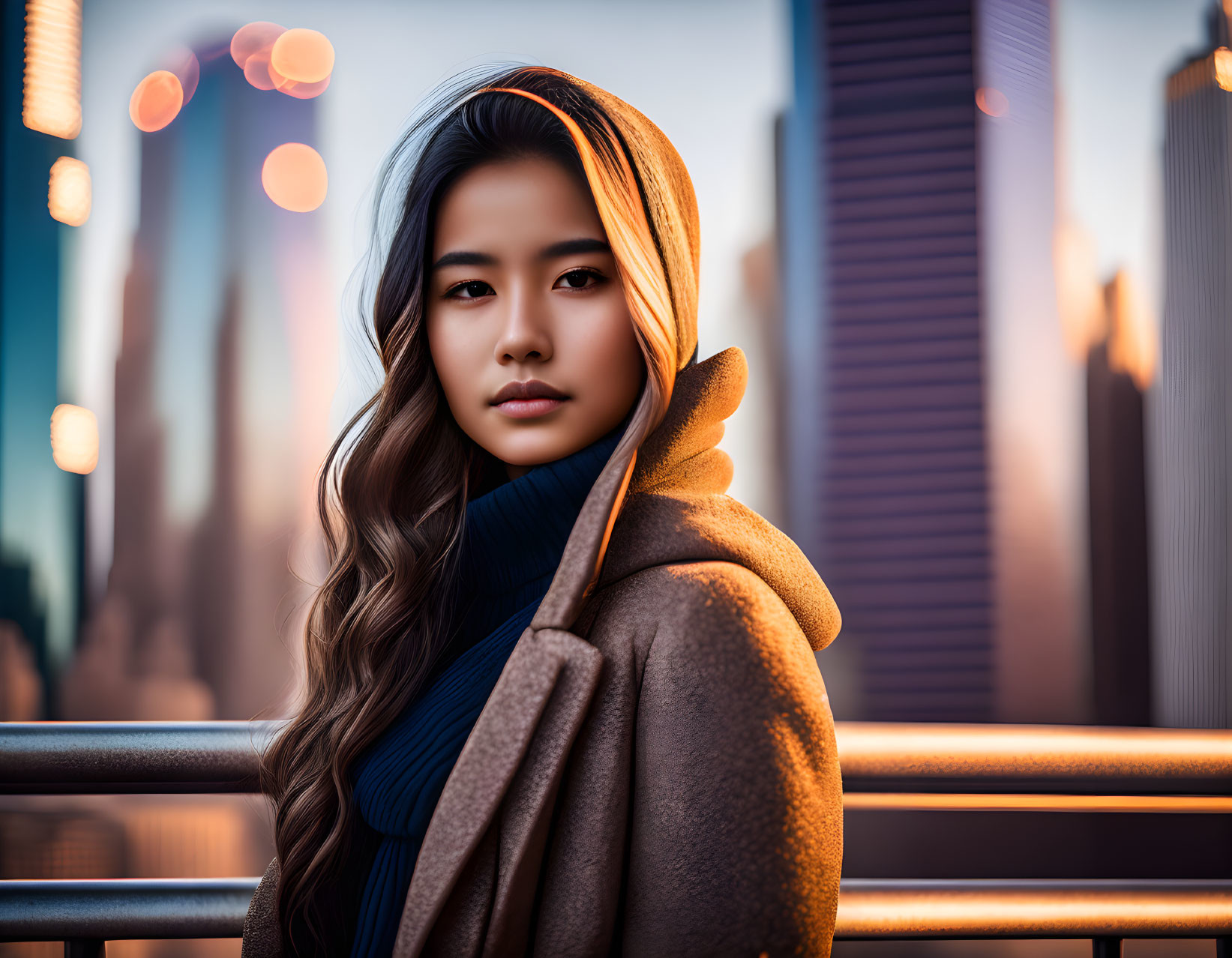 Long-haired woman in brown coat and scarf at twilight cityscape.