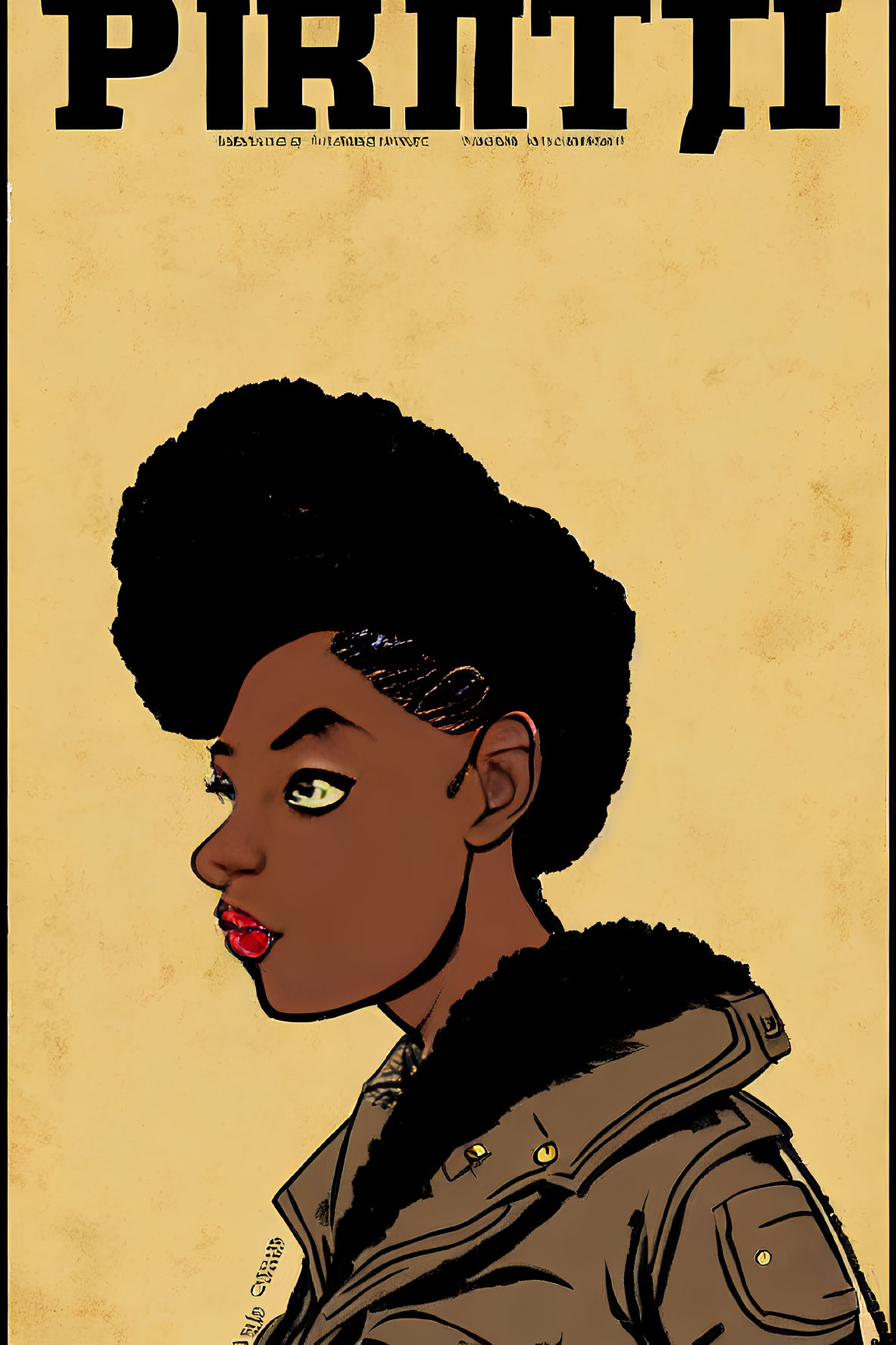 Woman with Prominent Afro Hairstyle Glancing Back, Stylized Text Above