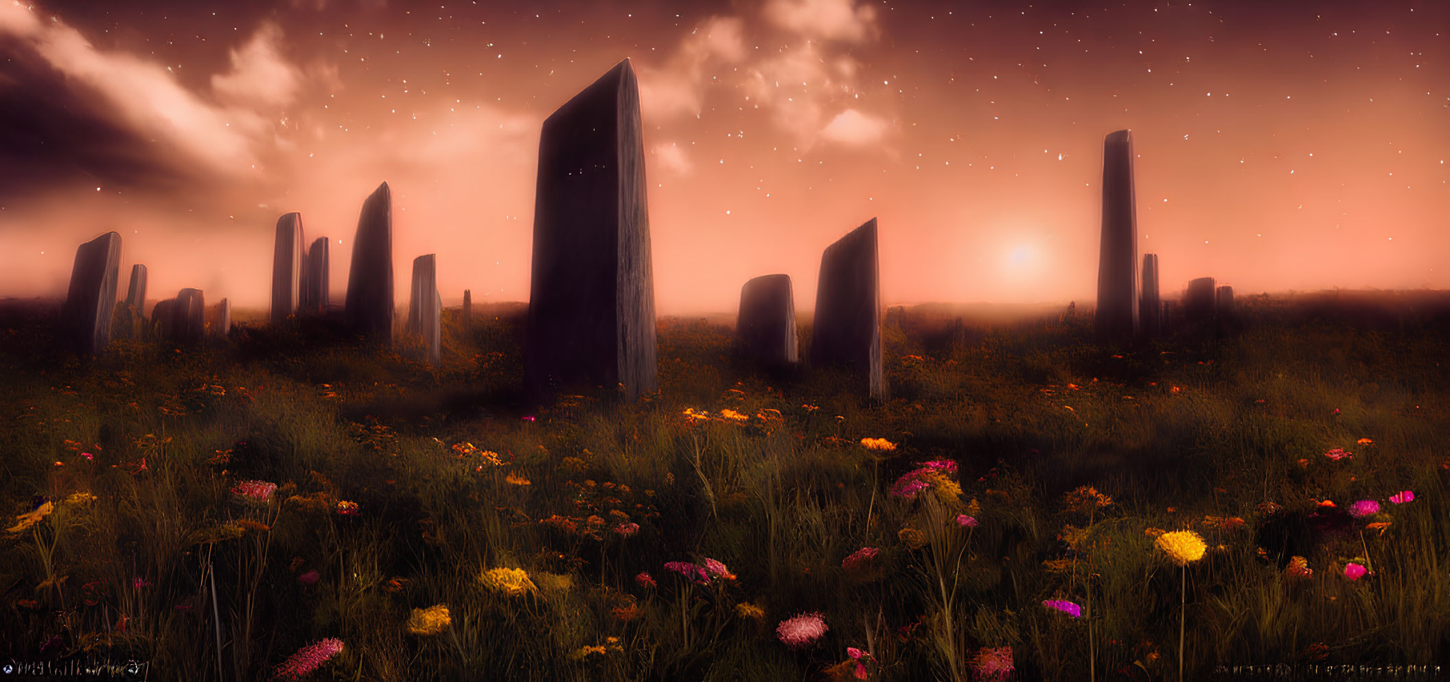 Mystical landscape with towering monoliths in blooming field at sunset