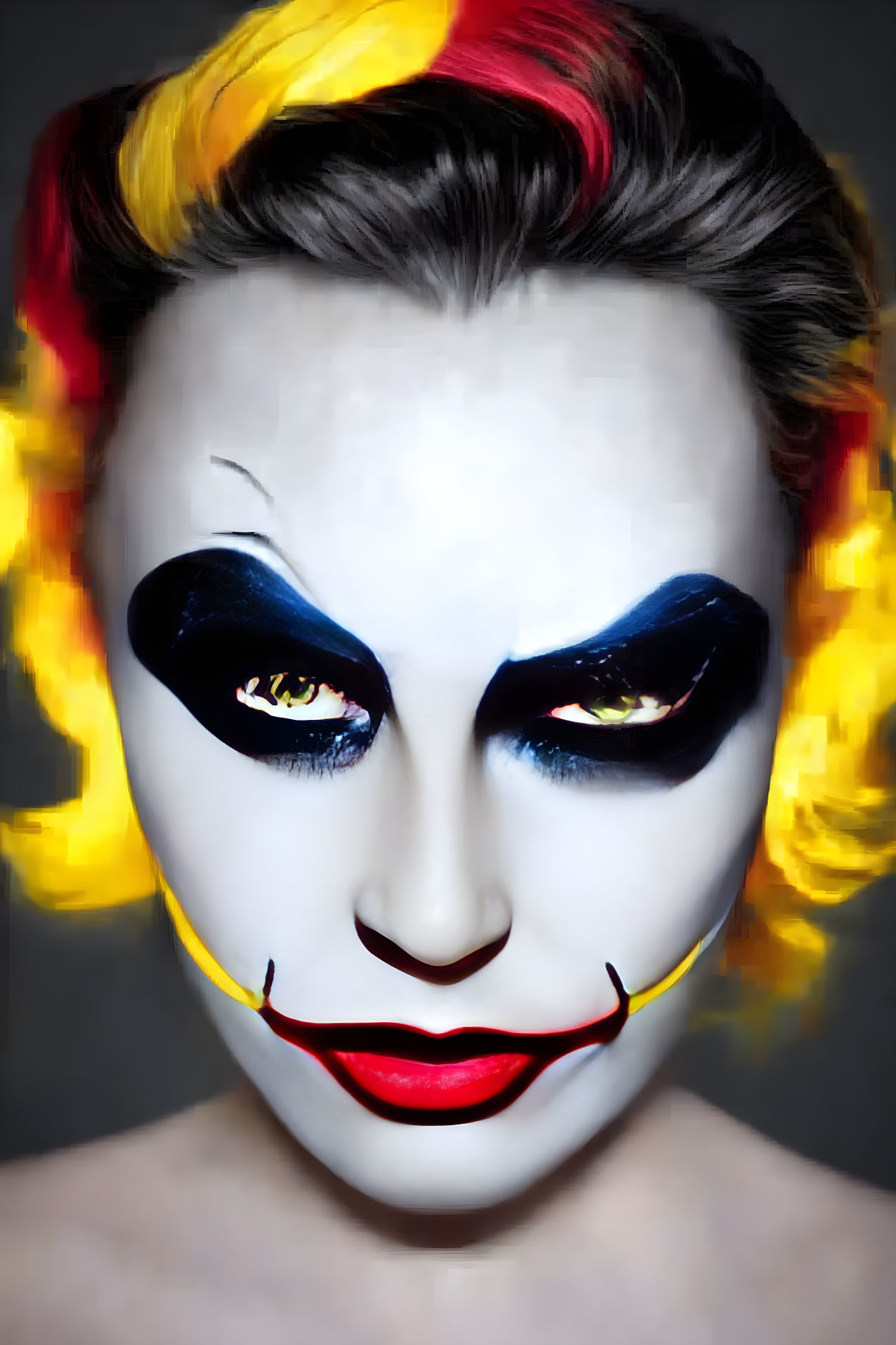 Theatrical clown makeup with white face paint and vibrant colors