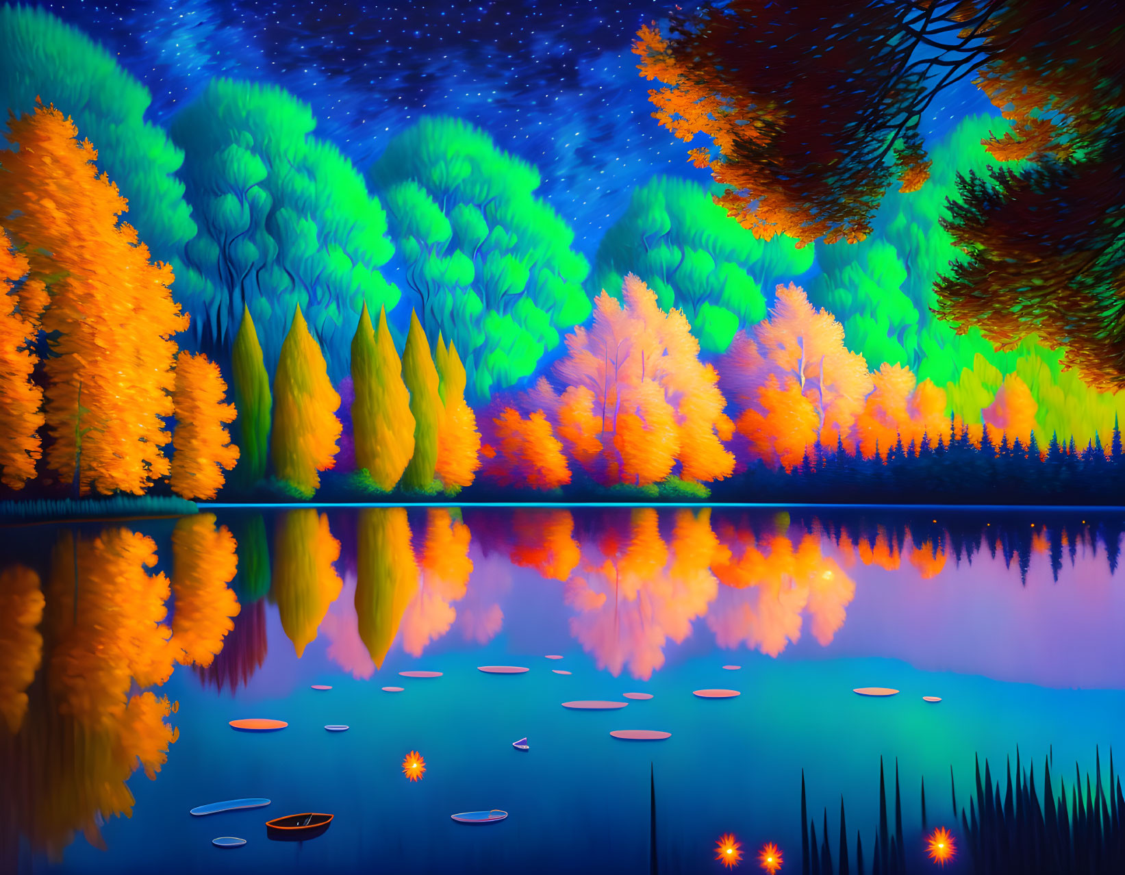 Colorful Autumn Forest Reflecting in Tranquil Lake at Night