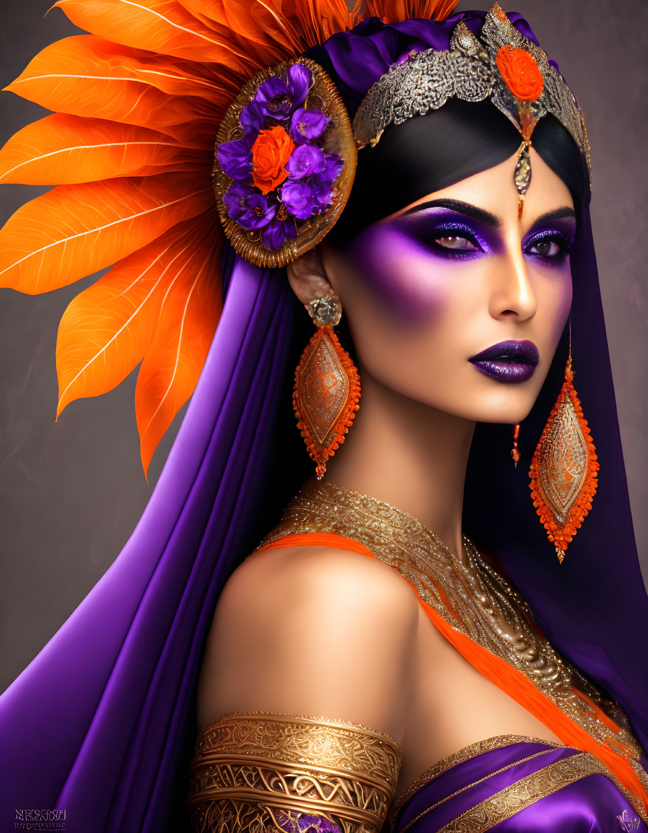 Colorful Woman Portrait with Purple Makeup & Feather Headdress