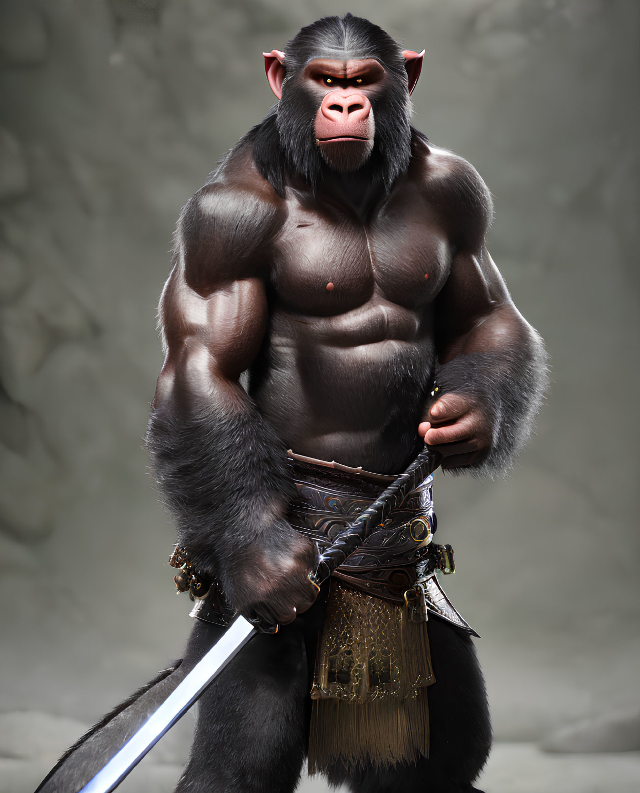 Muscular anthropomorphic gorilla with sword and intense gaze in warrior attire.