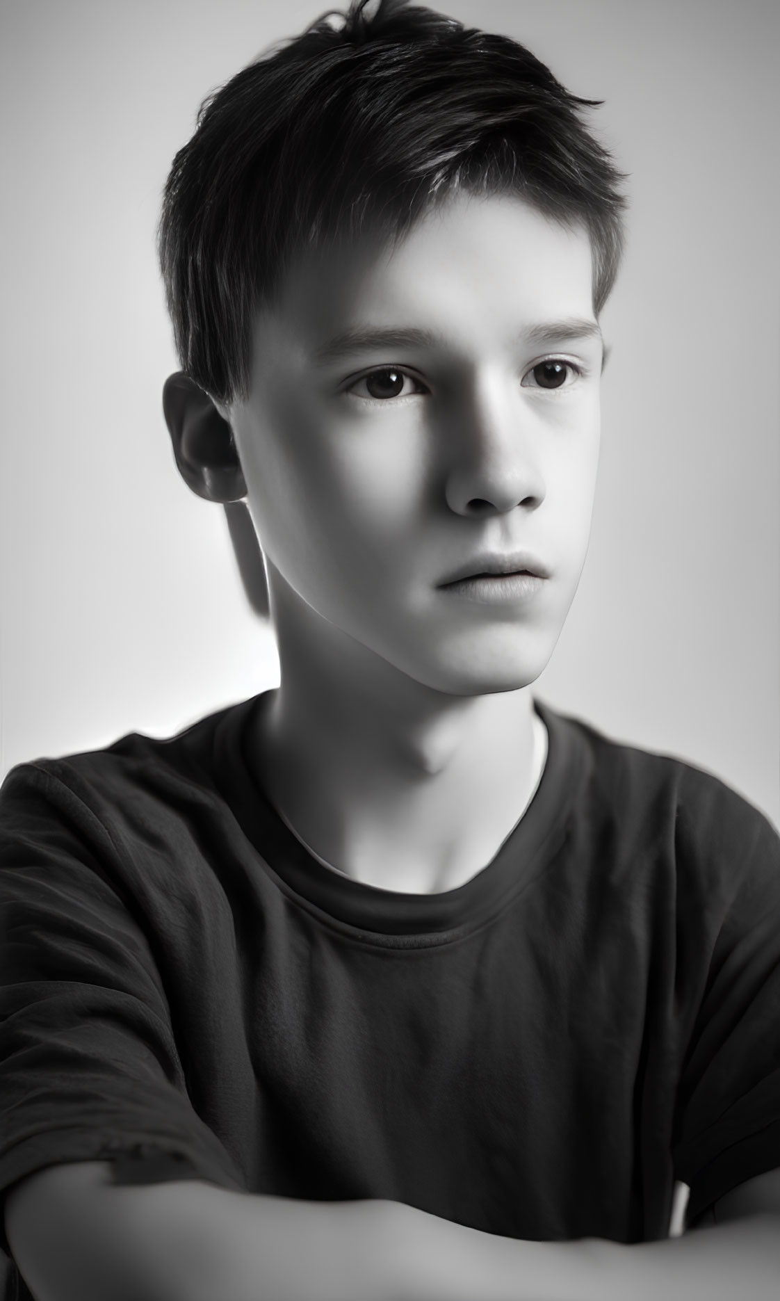 Monochrome portrait of pensive young boy with soft lighting