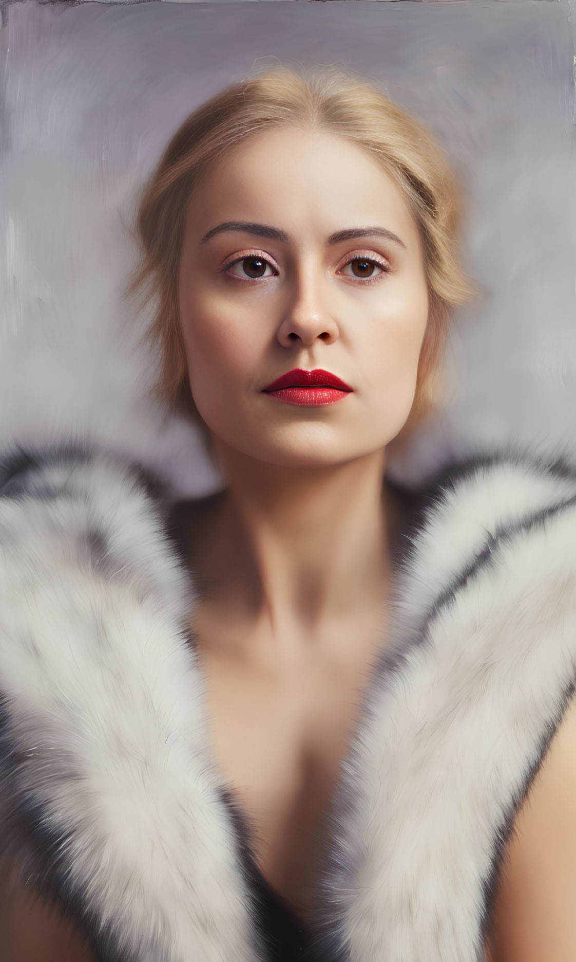 Blonde Woman in White Fur Collar with Red Lipstick