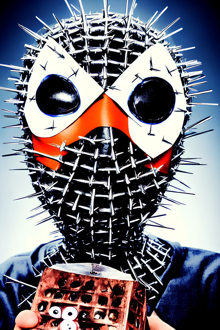 Spiked head mask with cartoonish eyes and orange nose holding a matching object