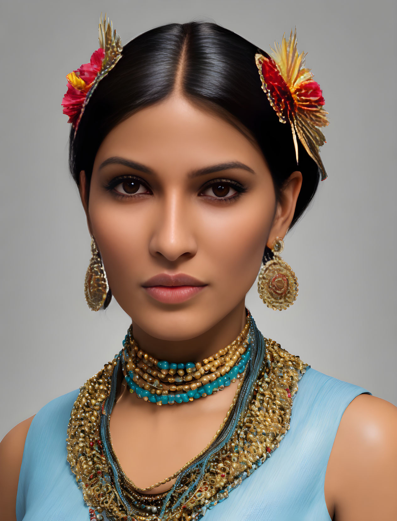 Traditional Indian jewelry: Woman in solemn expression wearing turquoise necklace & intricate earrings with red flower hair accessories