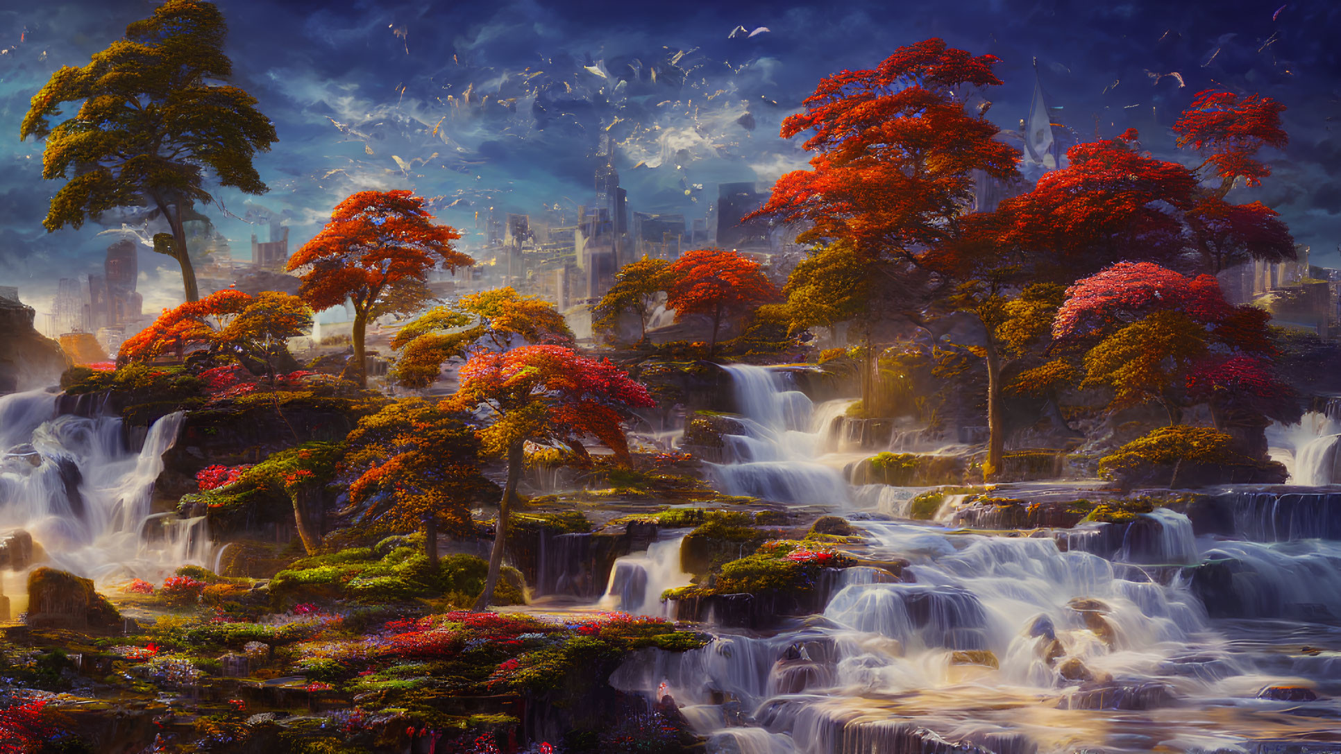 Vibrant autumn trees, waterfalls, mystical city in dramatic landscape