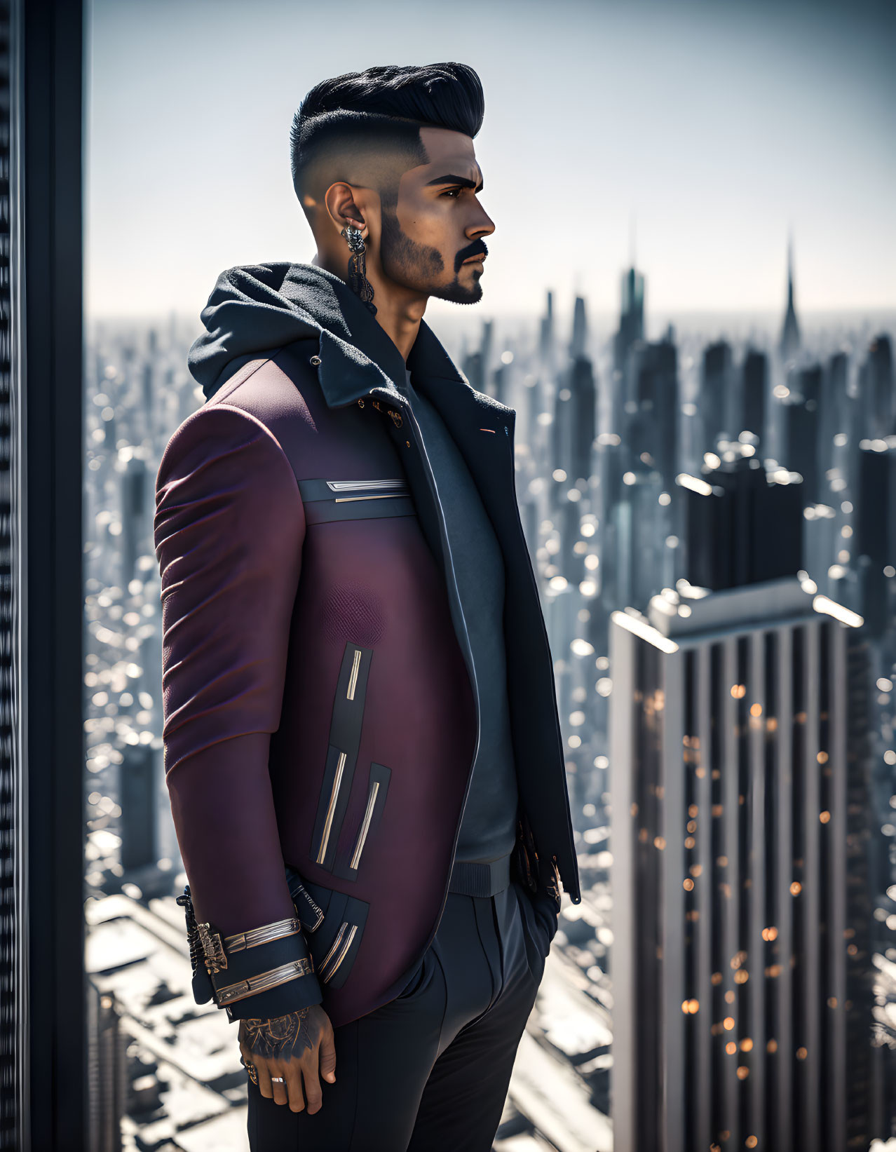 Man with Mohawk and Beard on Skyscraper Overlooking City Skyline