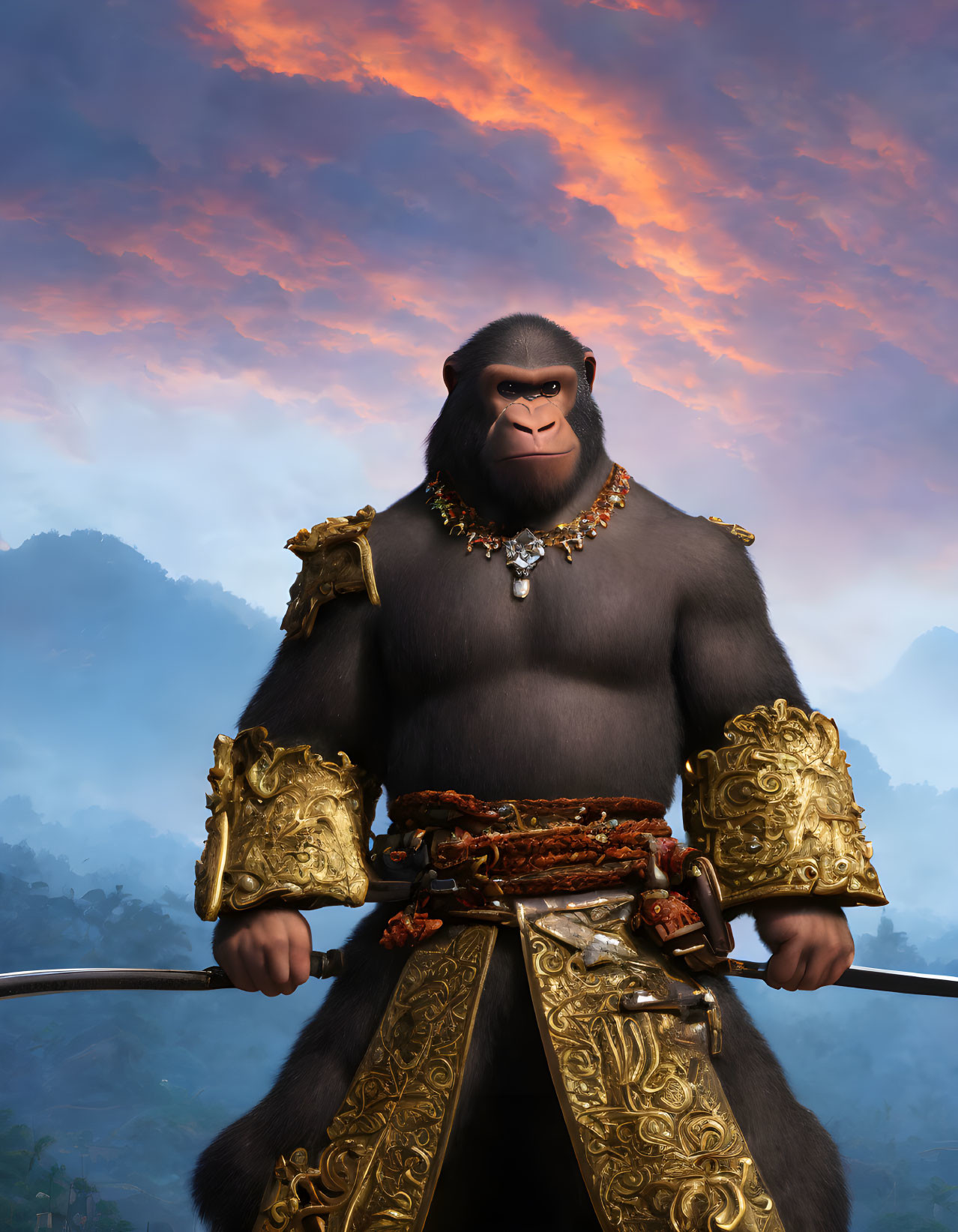 Regal gorilla in golden armor against mountain backdrop