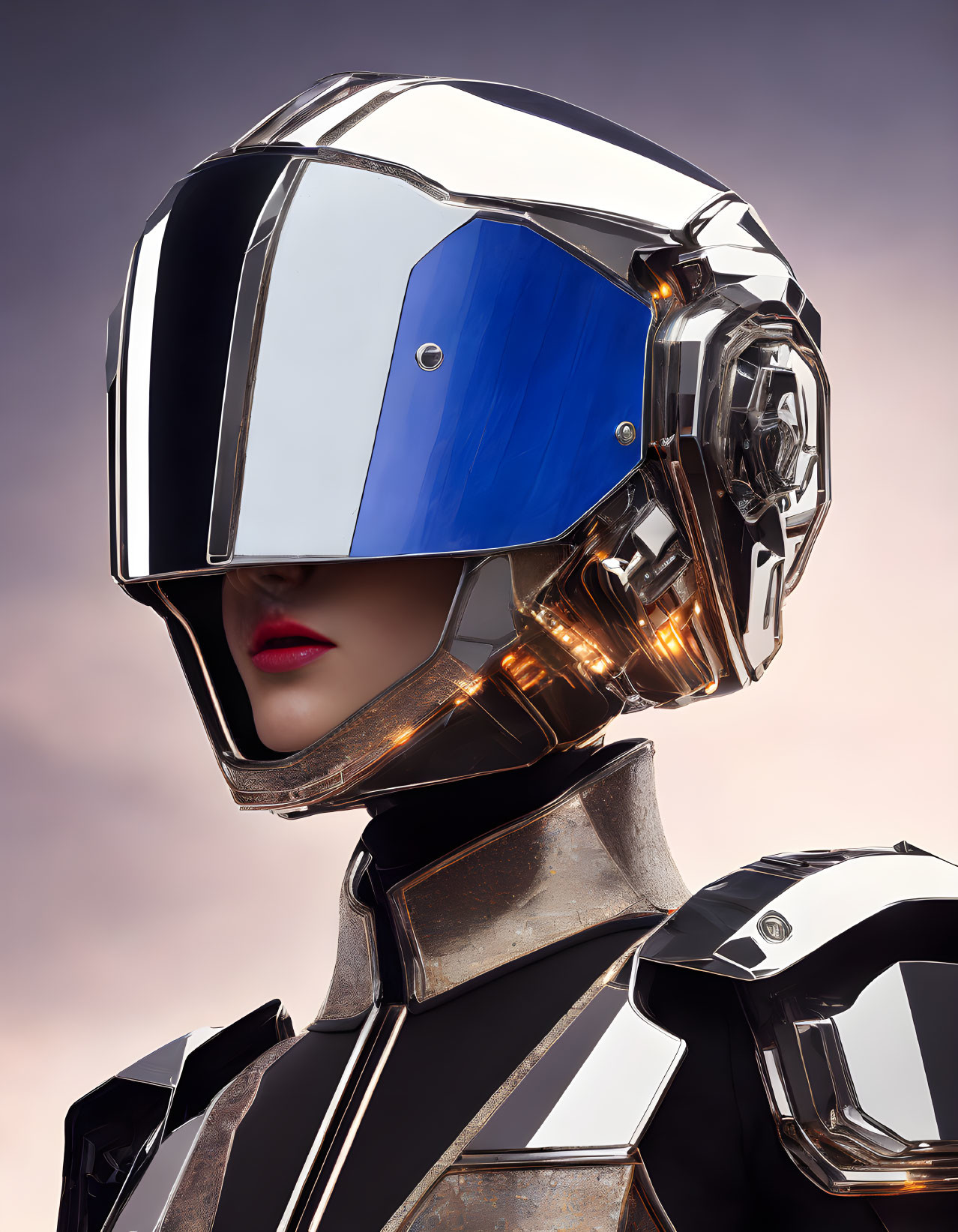 Futuristic helmet with reflective surfaces and red lipstick under twilight sky