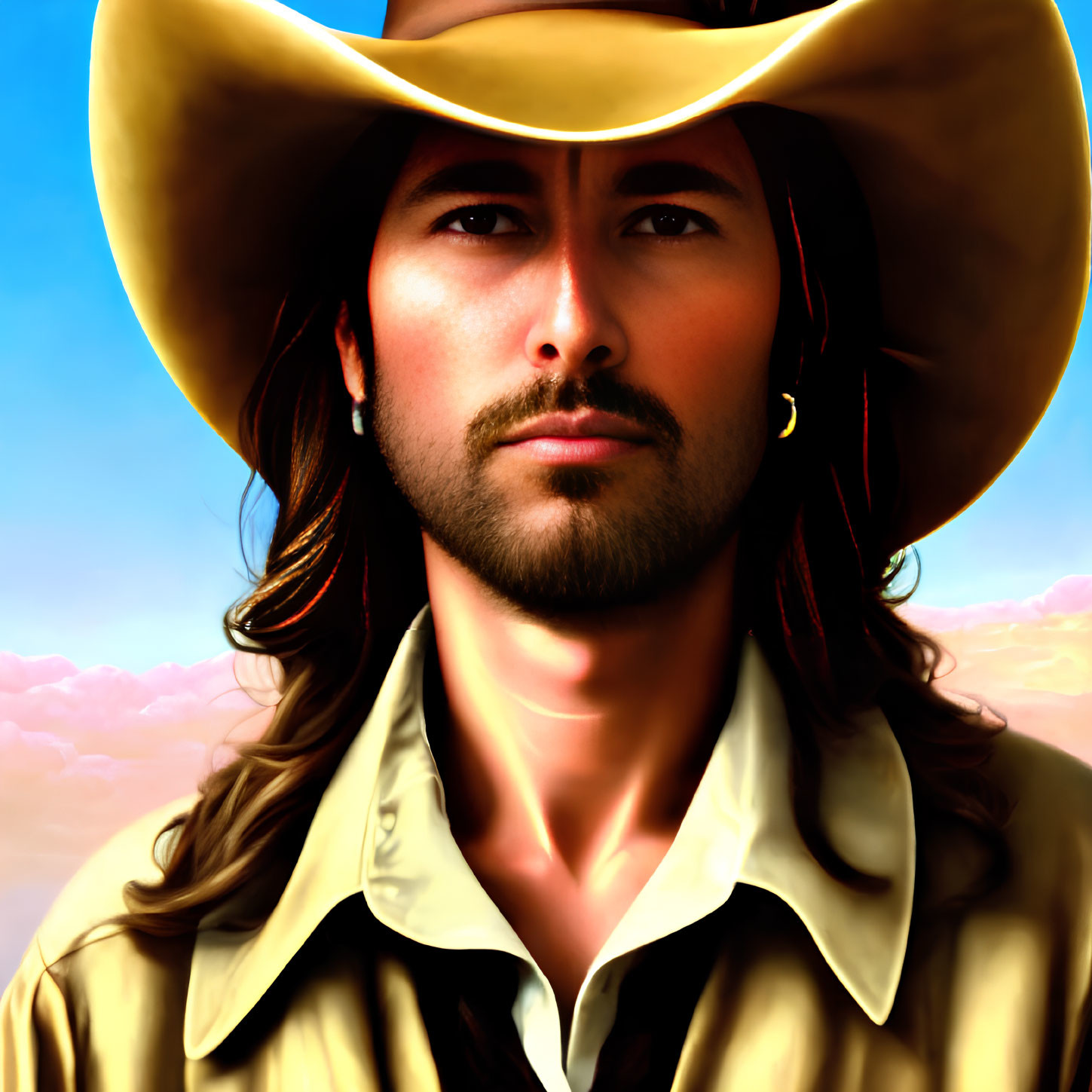 Stylized portrait of man with long hair and hat on sky background