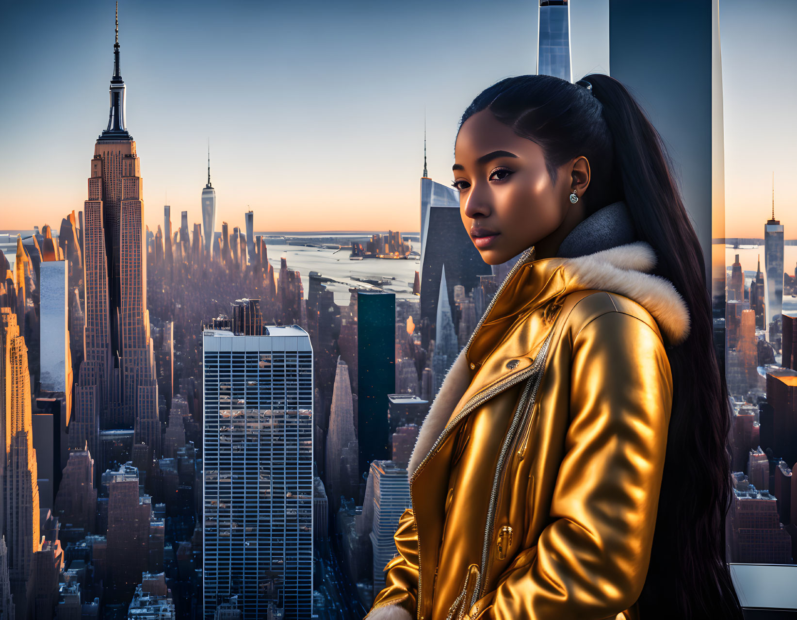 Woman in yellow jacket with fur collar against New York City skyline at sunset