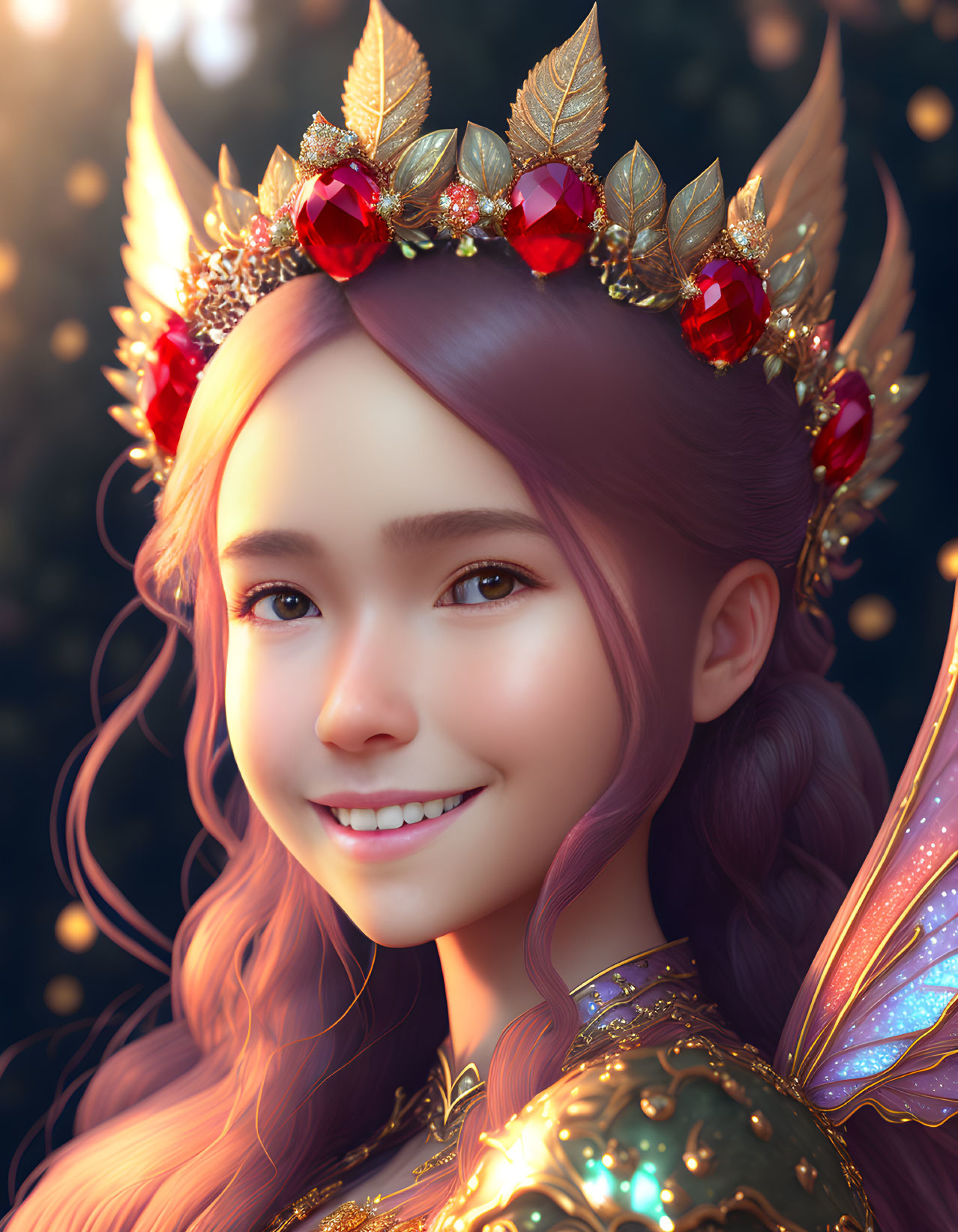 Smiling female fairy with jeweled crown and golden armor on dark background