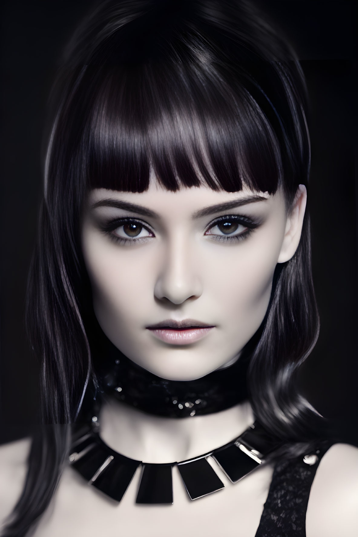 Portrait of person with blue eyes, bob haircut, bangs, black choker.