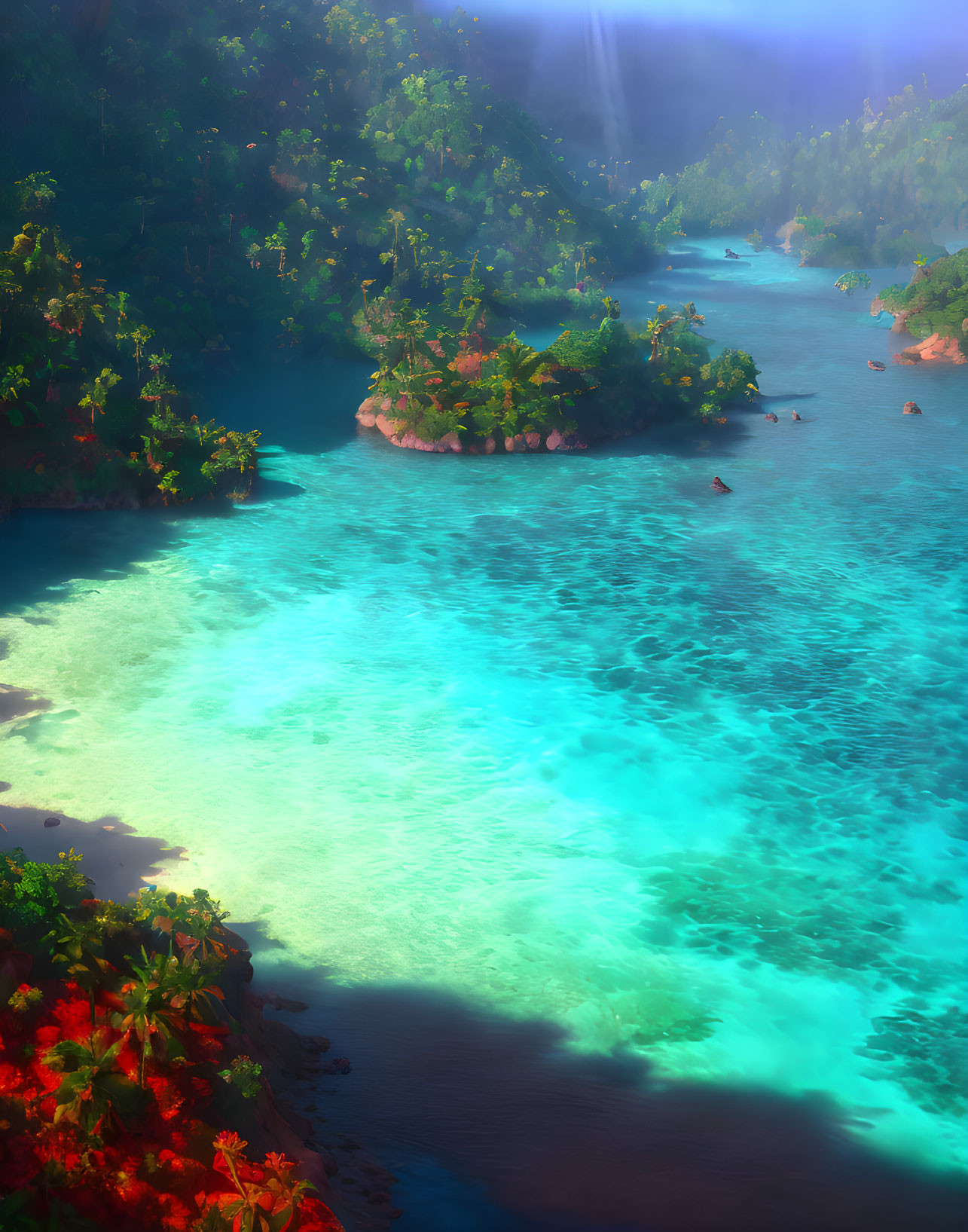 Tropical Scene: Turquoise Waters, Greenery, Waterfall & Sunbeams