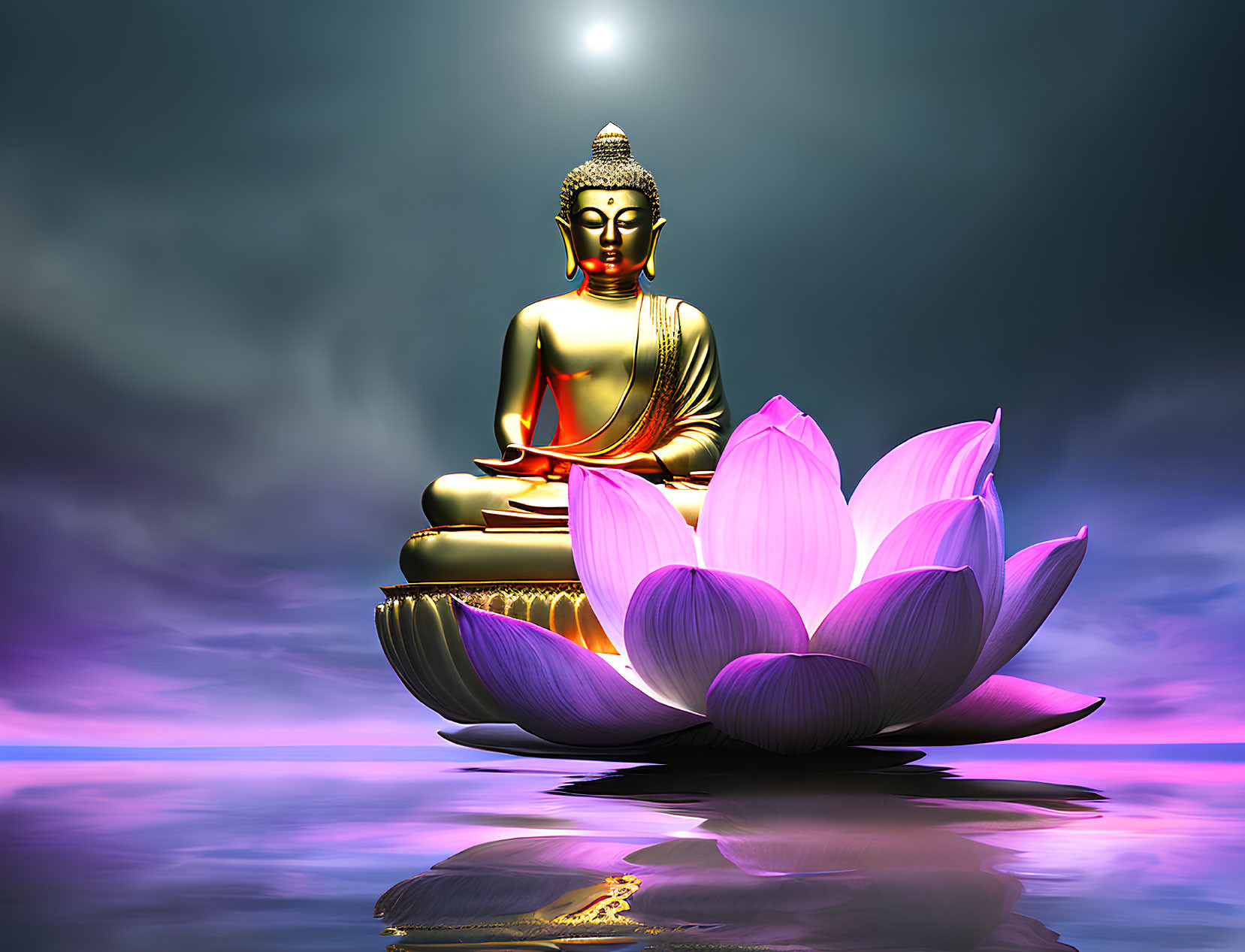 Golden Buddha statue meditating on pink lotus flower in serene setting