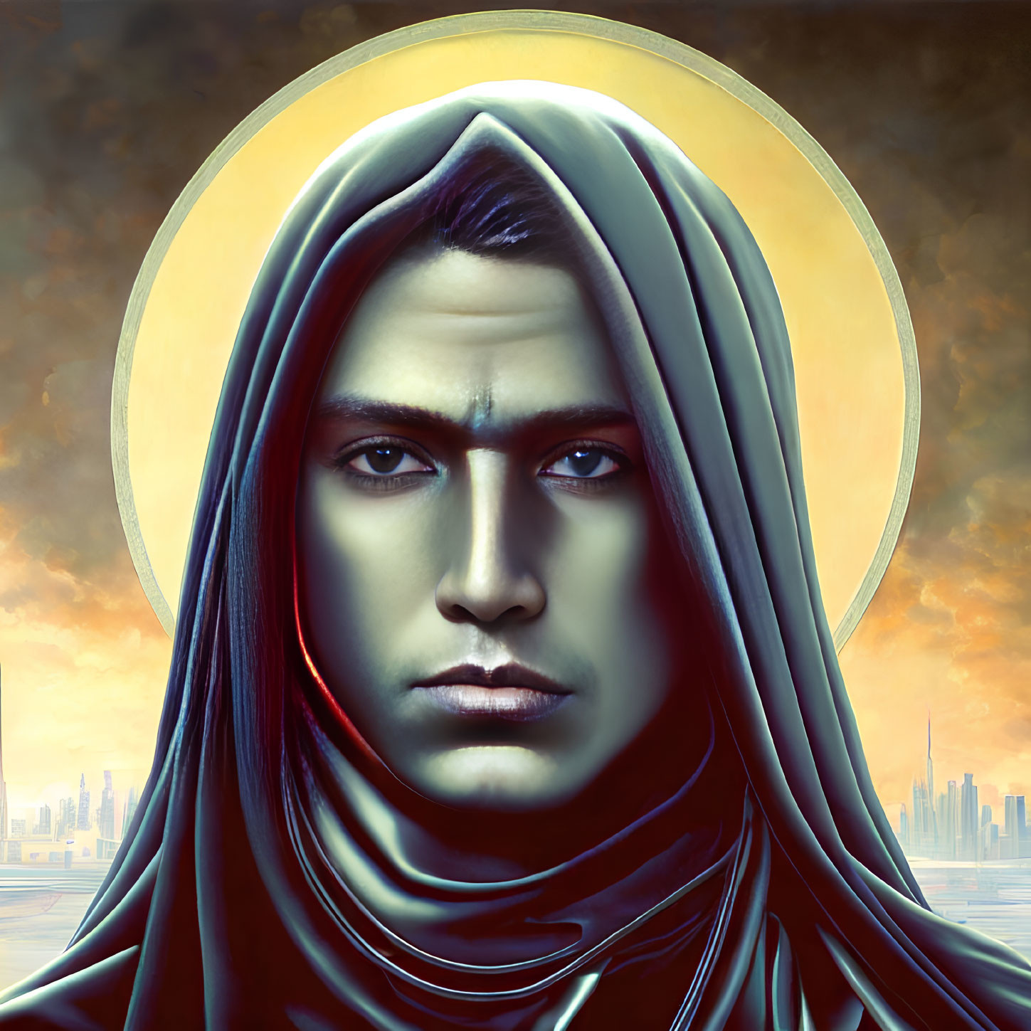 Person with halo and hooded cloak in futuristic cityscape, featuring striking gaze and blue mark.