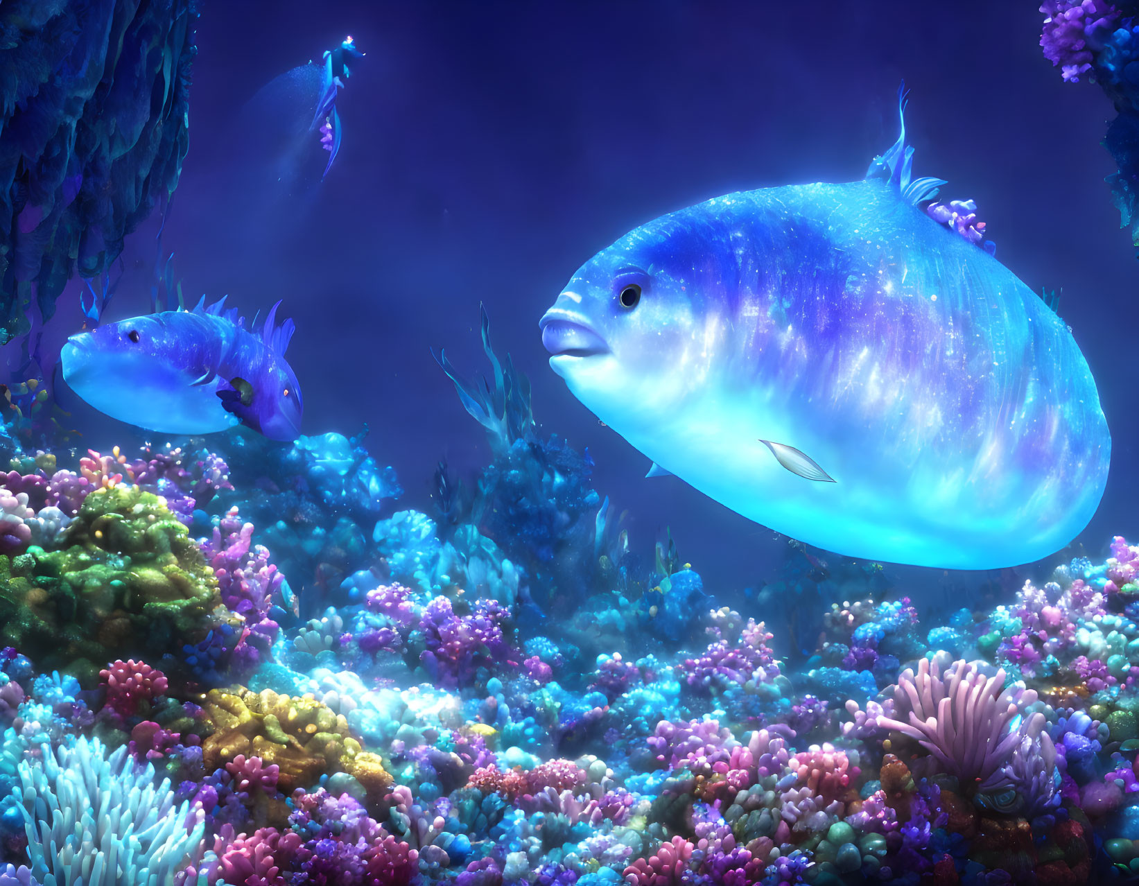 Colorful underwater scene with luminescent fish and vibrant coral reef