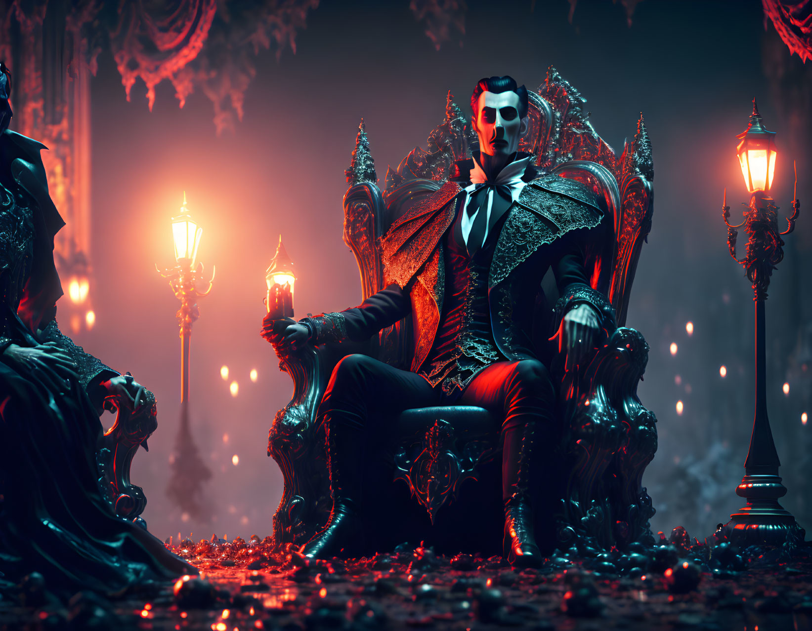 Stylized vampire figure on Gothic throne in dark, red-lit setting