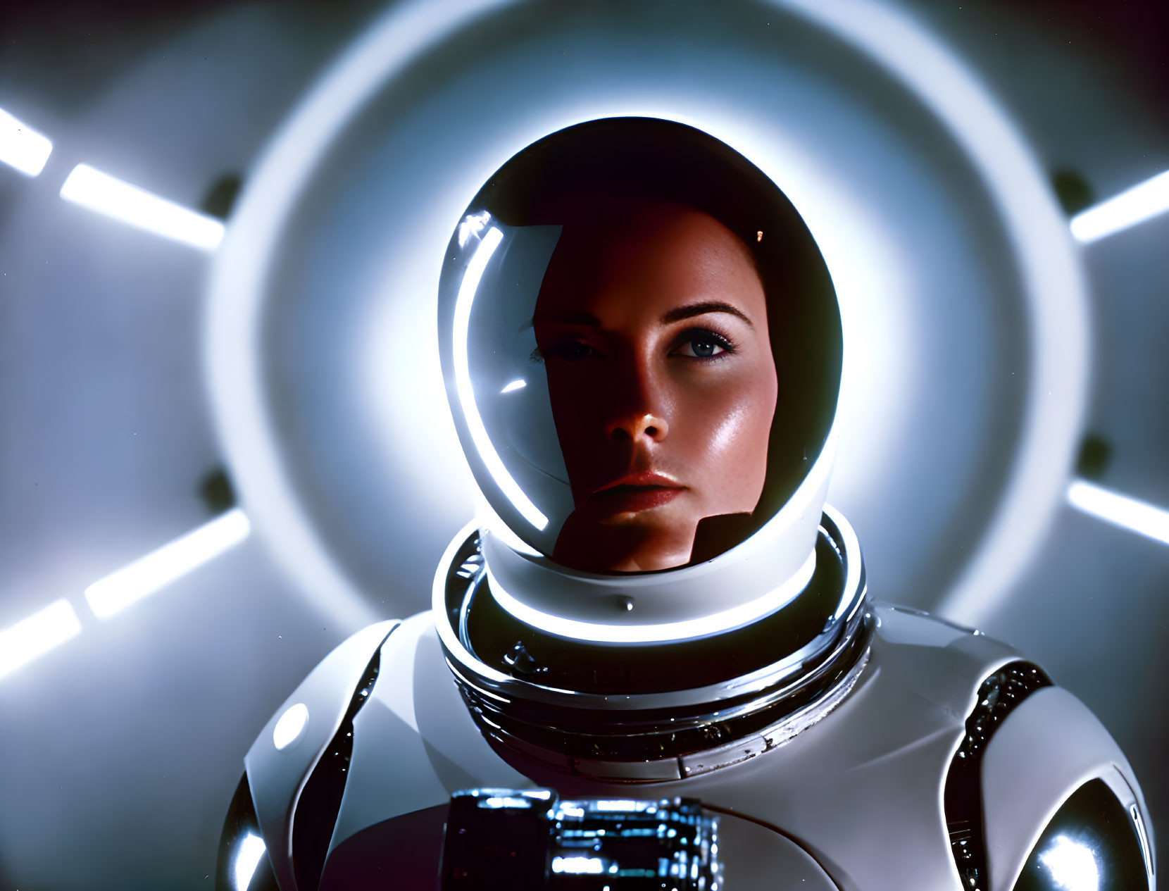 Futuristic astronaut in reflective suit against glowing circle