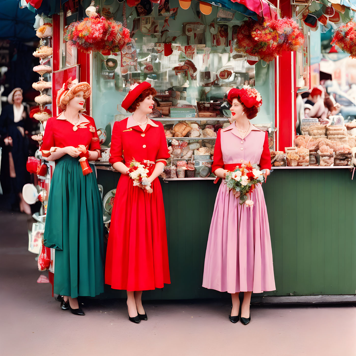 Vintage 1950s Attired Women Posed at Colorful Bakery Kiosk