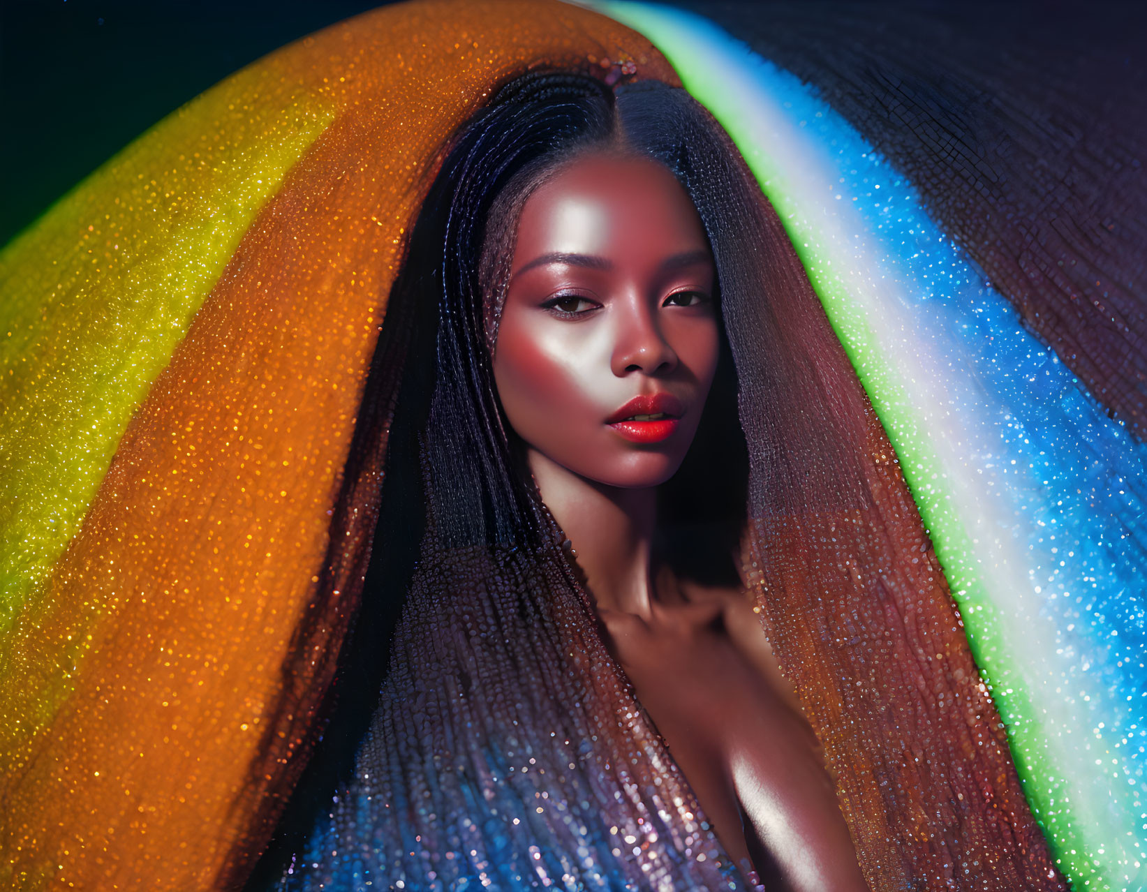 Woman with Striking Makeup Wrapped in Rainbow-Colored Fabric