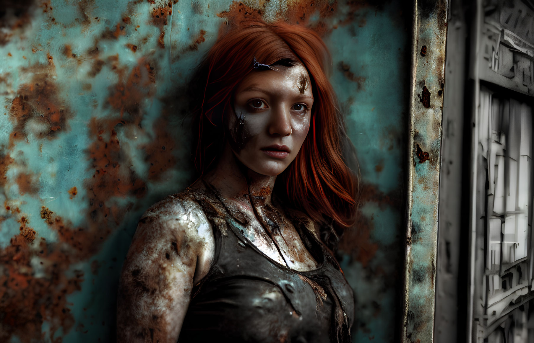 Red-haired woman with intense gaze against rusty backdrop