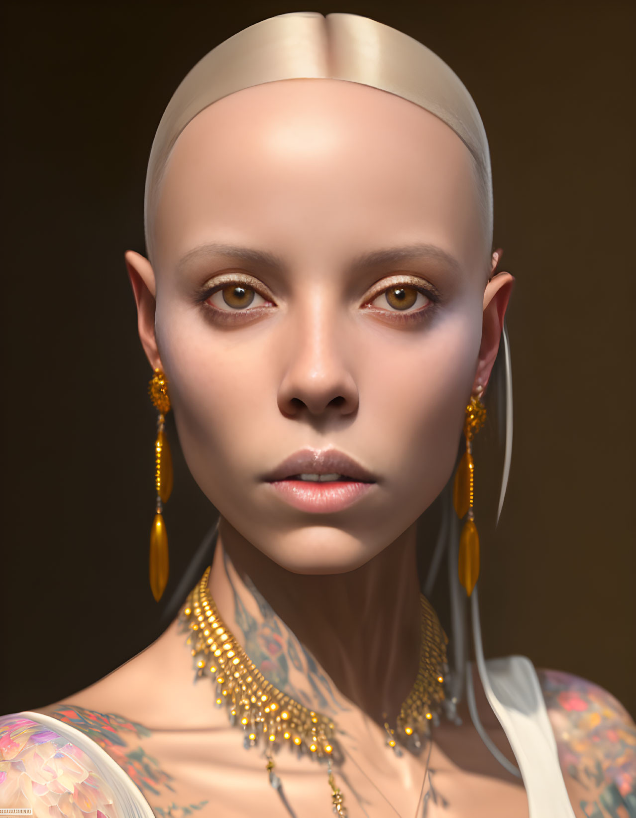 Bald Person Portrait with Hazel Eyes, Golden Jewelry, & Shoulder Tattoos