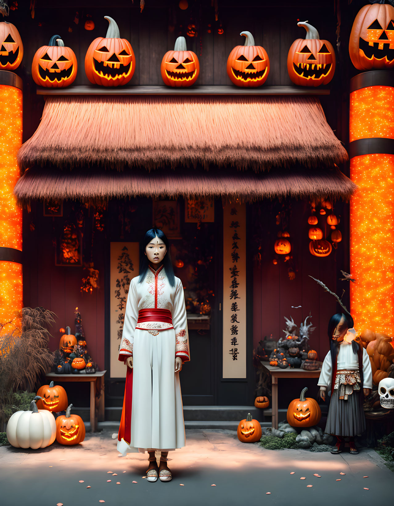 Traditional attire individuals with Halloween decorations in front of house