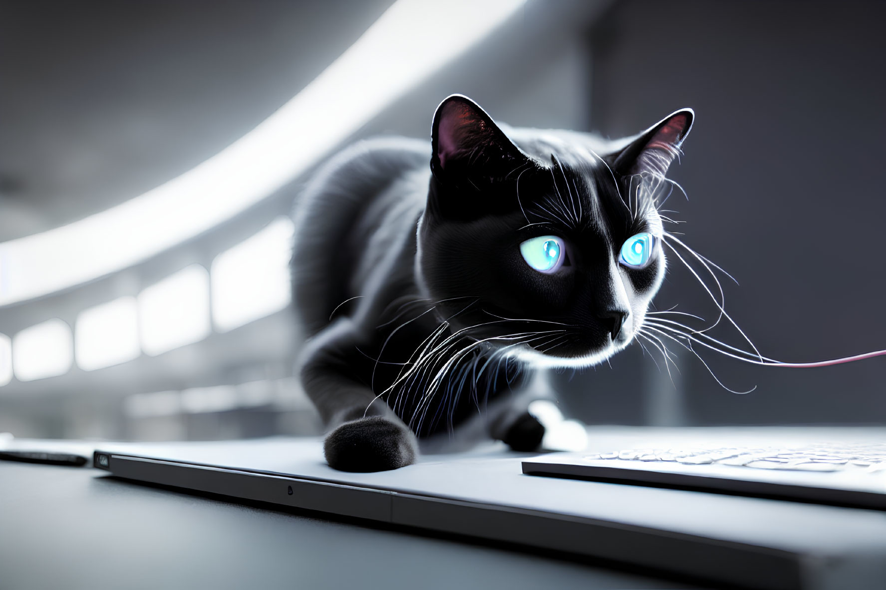 Striking blue-eyed black cat on desk with backlit keyboard