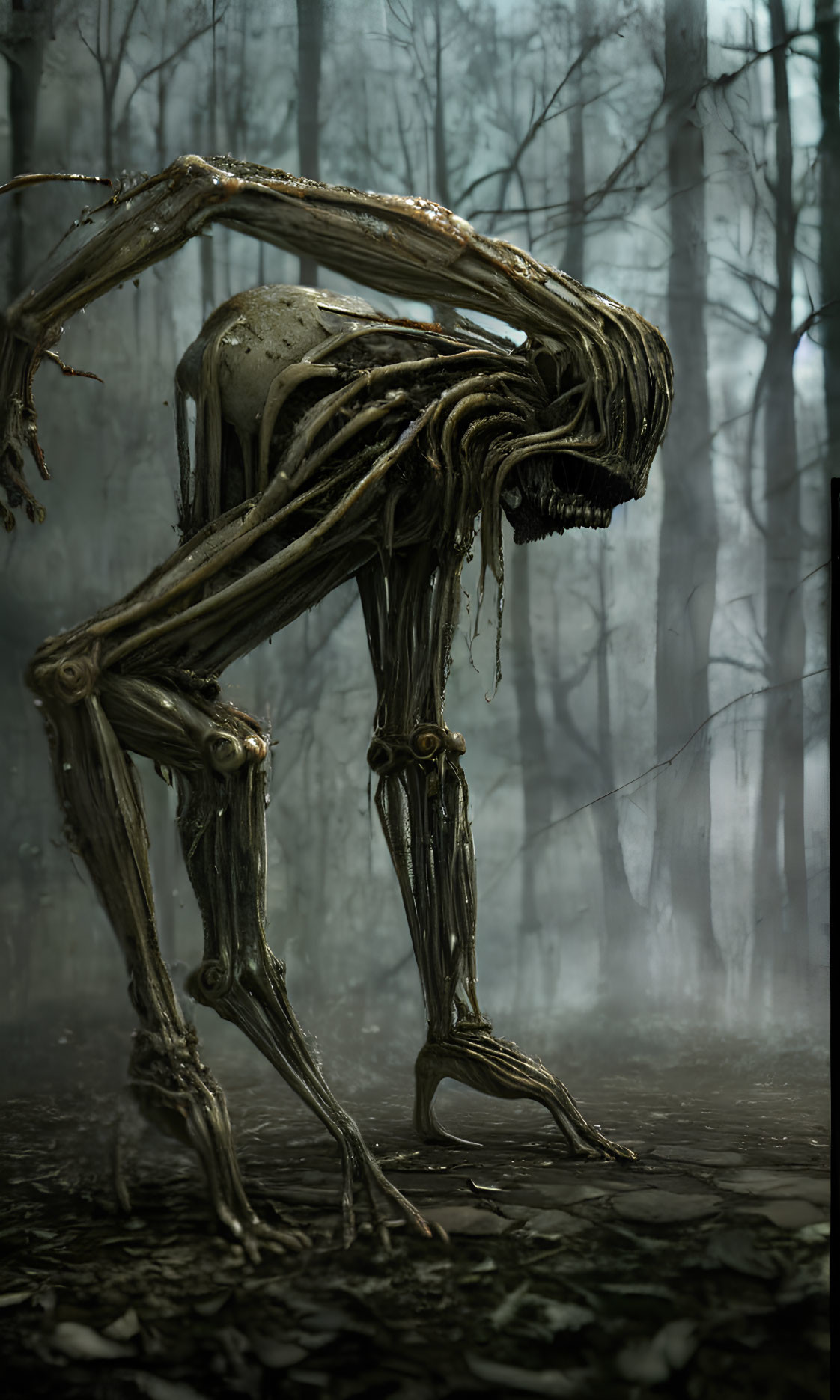 Eerie skeletal creature in misty forest