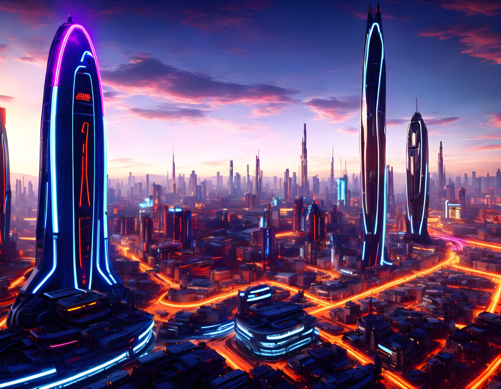 Futuristic city skyline with neon-lit skyscrapers at dusk