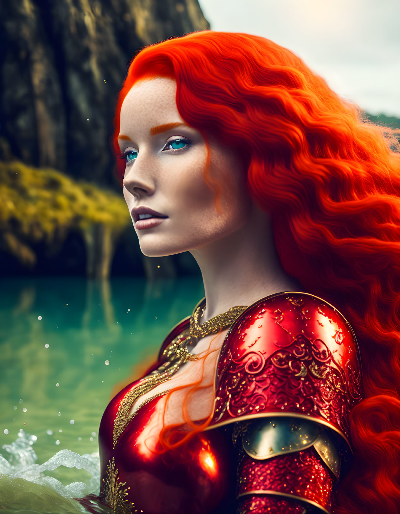 Vibrant red-haired woman in red armor against cliff backdrop