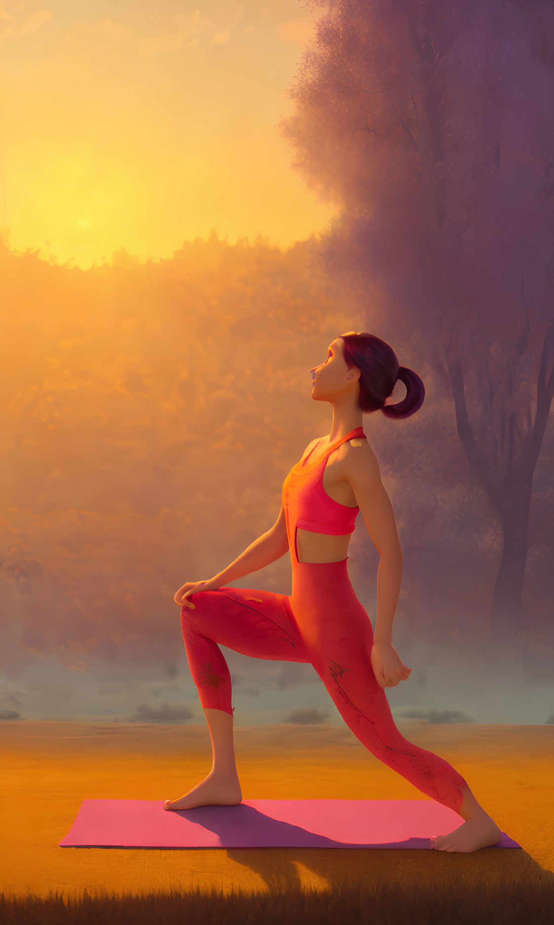 Woman practicing yoga in sunlit field with trees