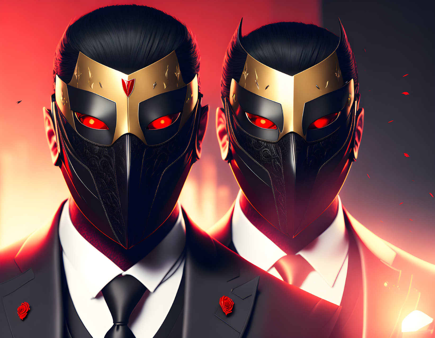 Ornate black and gold masked figures with red eyes in suits against fiery red backdrop