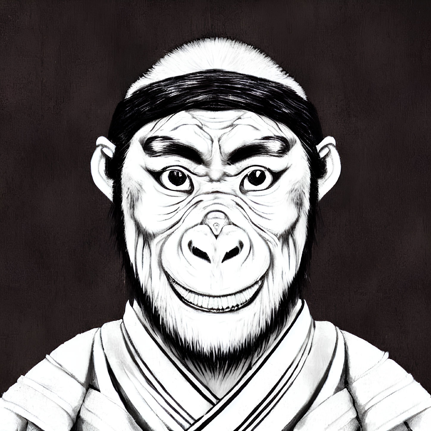 Monochrome illustration of gorilla in judo gi with focused expression