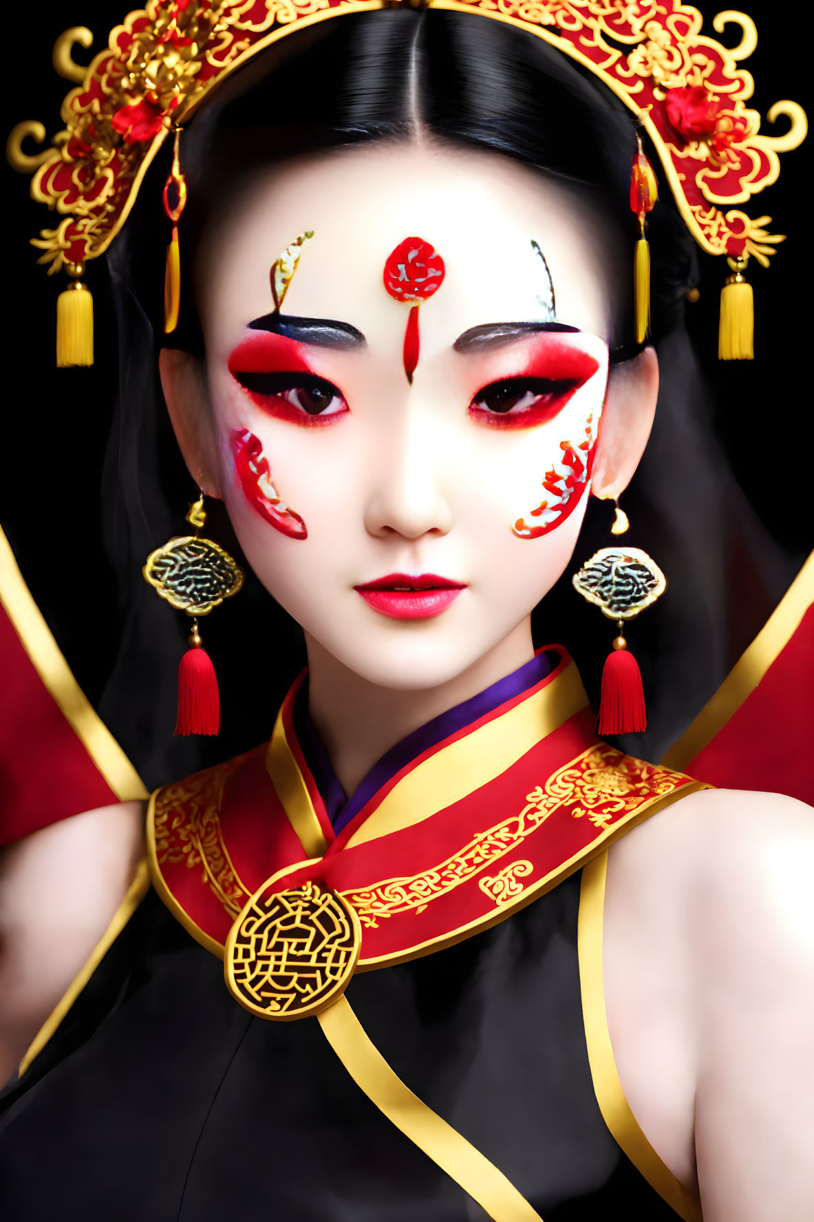 Elaborate Red and Gold Makeup with Chinese Headwear on Woman