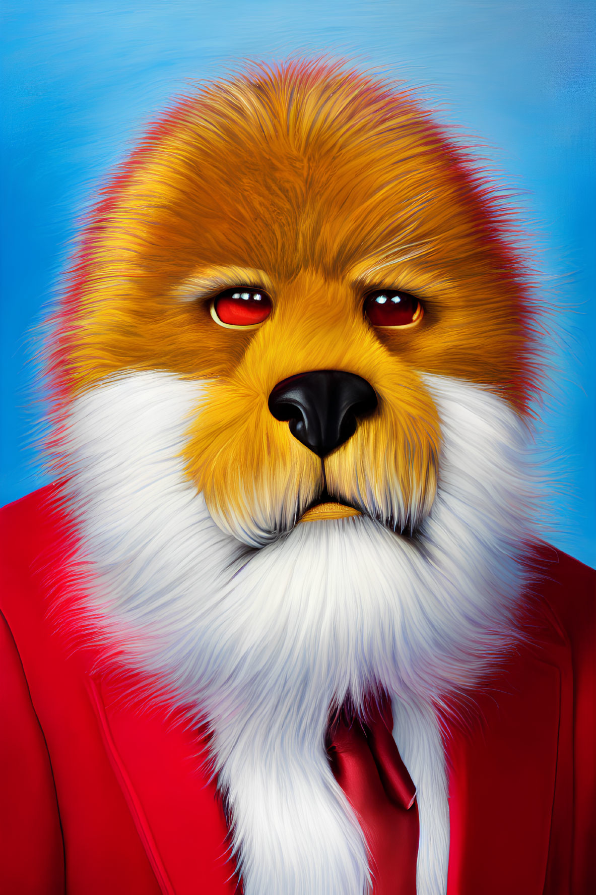 Red Fox in Red Suit and Tie on Blue Background