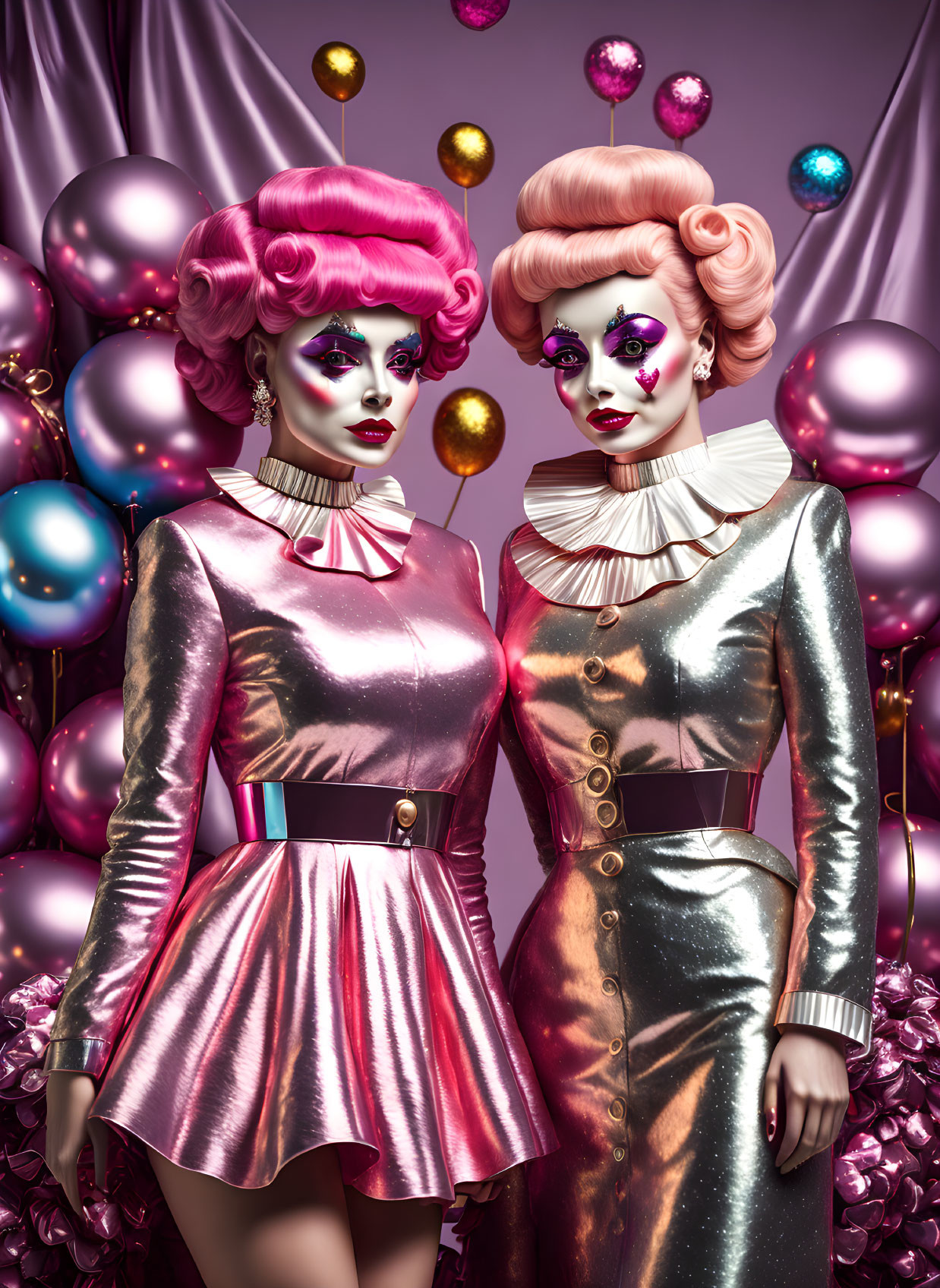 Two individuals with pink retro hairstyles and avant-garde makeup in metallic dresses with ruffled collars amidst